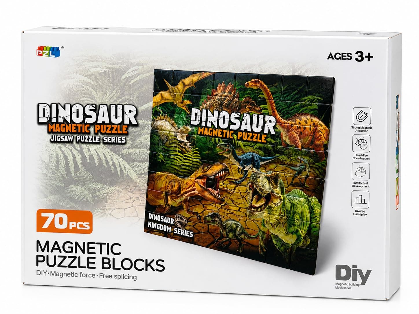 Dinosaur Magnetic Puzzle Building Blocks for Kids | 70 Pcs DIY STEM Construction Set | Ages 3+