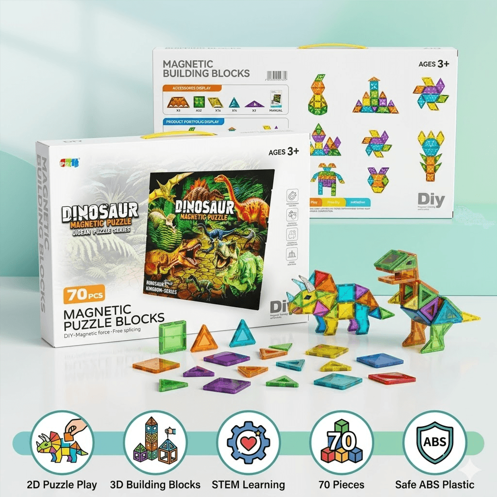 Dinosaur Magnetic Puzzle Building Blocks for Kids | 70 Pcs DIY STEM Construction Set | Ages 3+ — view 5