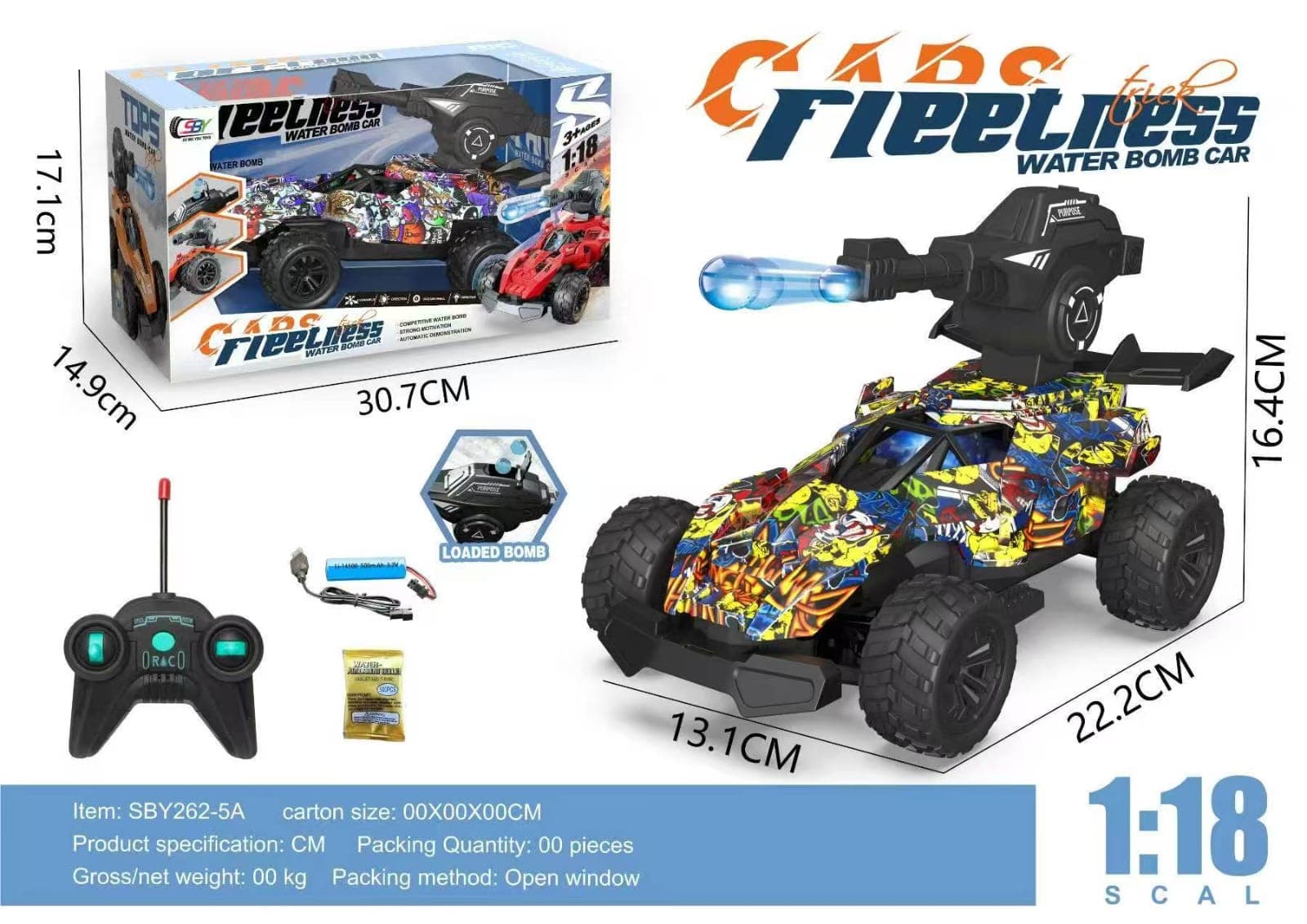 RC Water Bomb Car for Kids | 1:18 Remote Control Racing Car with Water Bead Blaster | Pack of 1 Pc — view 2