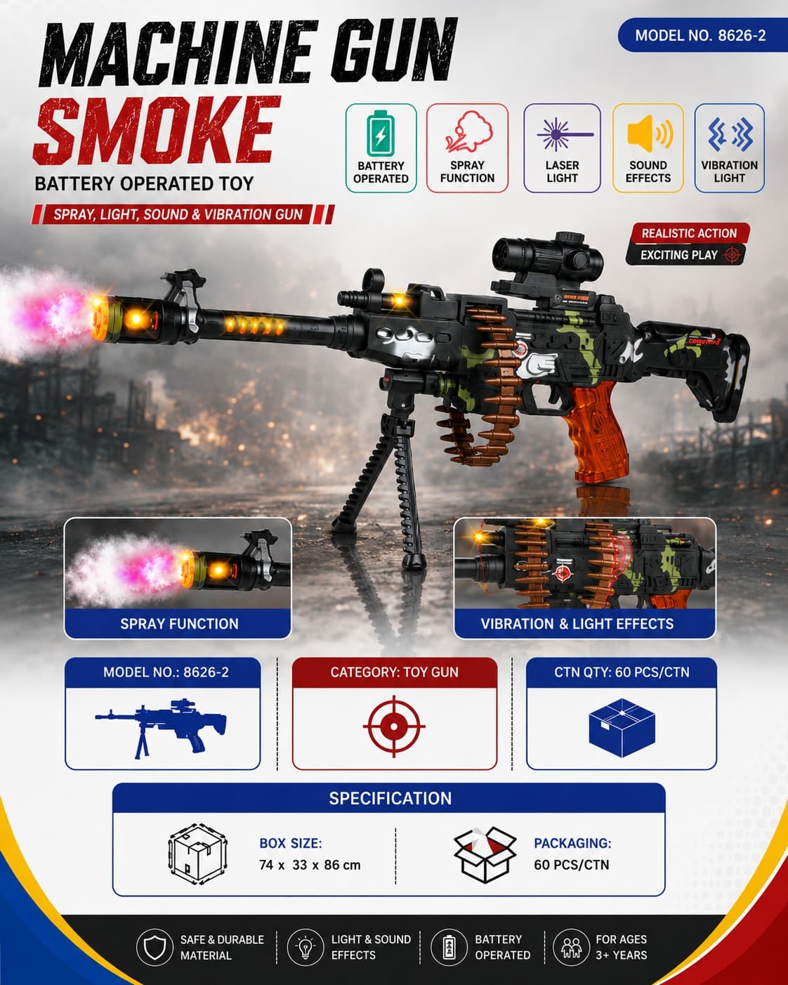 Kids Machine Gun Toy with Smoke, Sound & Lights | 25 Inch Battery Operated Toy Gun | Pack of 1 Pc — view 4