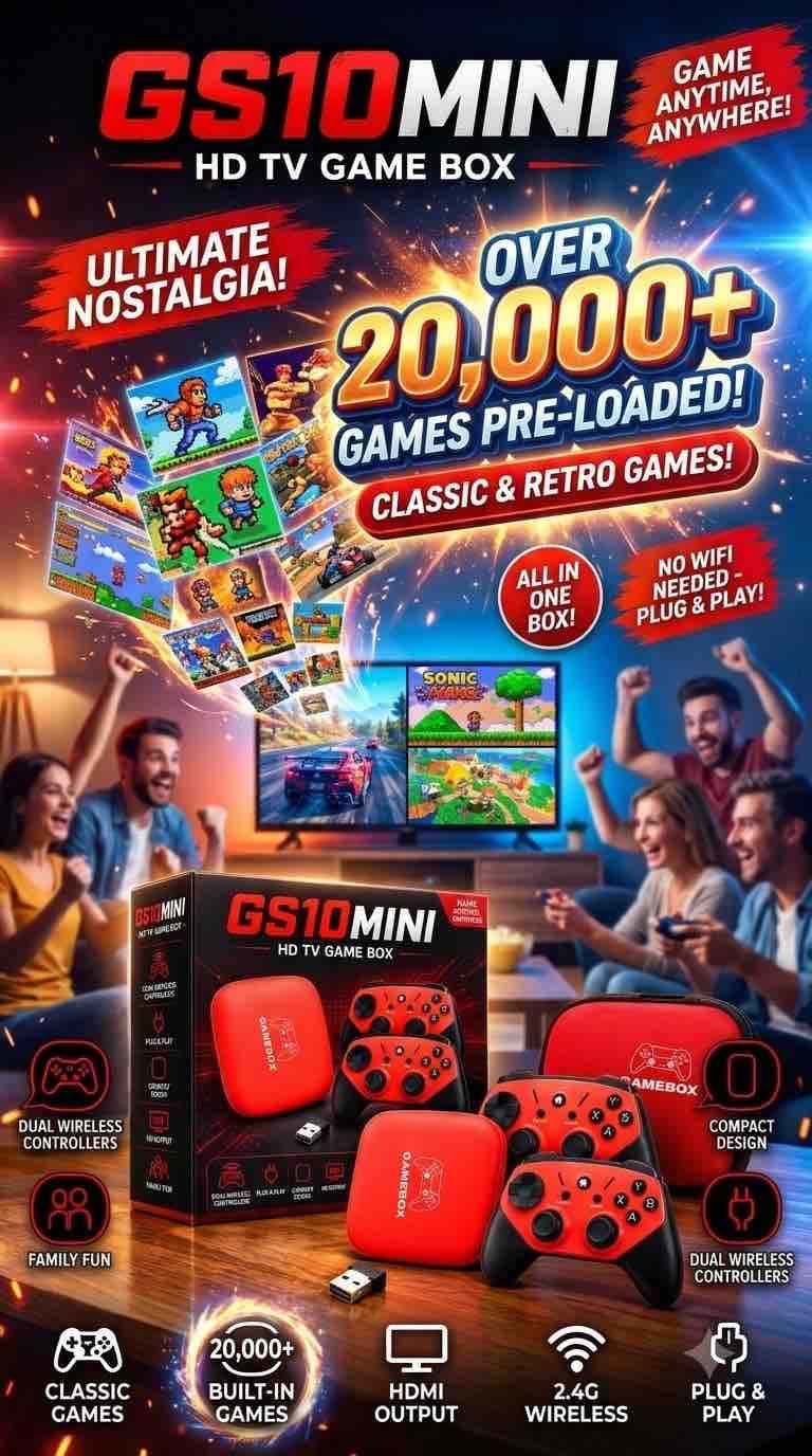 GS10 Mini HD TV Game Box | 20000+ Pre-loaded Retro Games with 2 Wireless Controllers | Plug & Play | Pack of 1 Pc — view 3