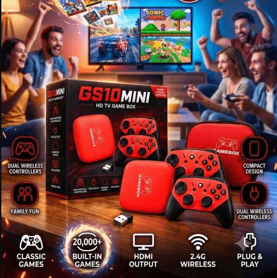 GS10 Mini HD TV Game Box | 20000+ Pre-loaded Retro Games with 2 Wireless Controllers | Plug & Play | Pack of 1 Pc