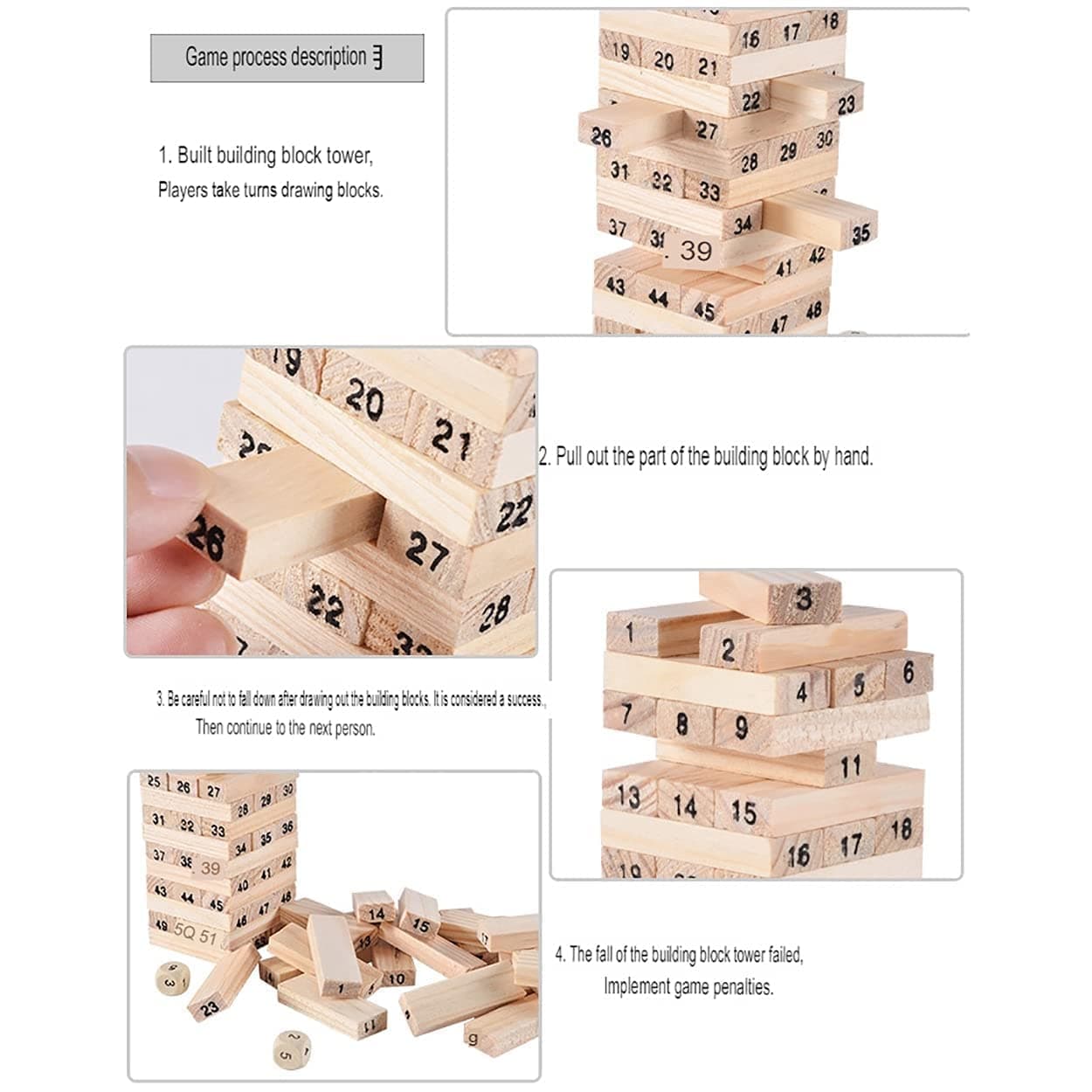 PRIME DEALS Wooden Blocks 51 Pcs 4 Dice Building Blocks Game Challenging Wooden Tumbling Tower, Wooden Stacking Toys with Dices Board Educational Puzzle Game for Adults and Kids (Wooden) — view 2