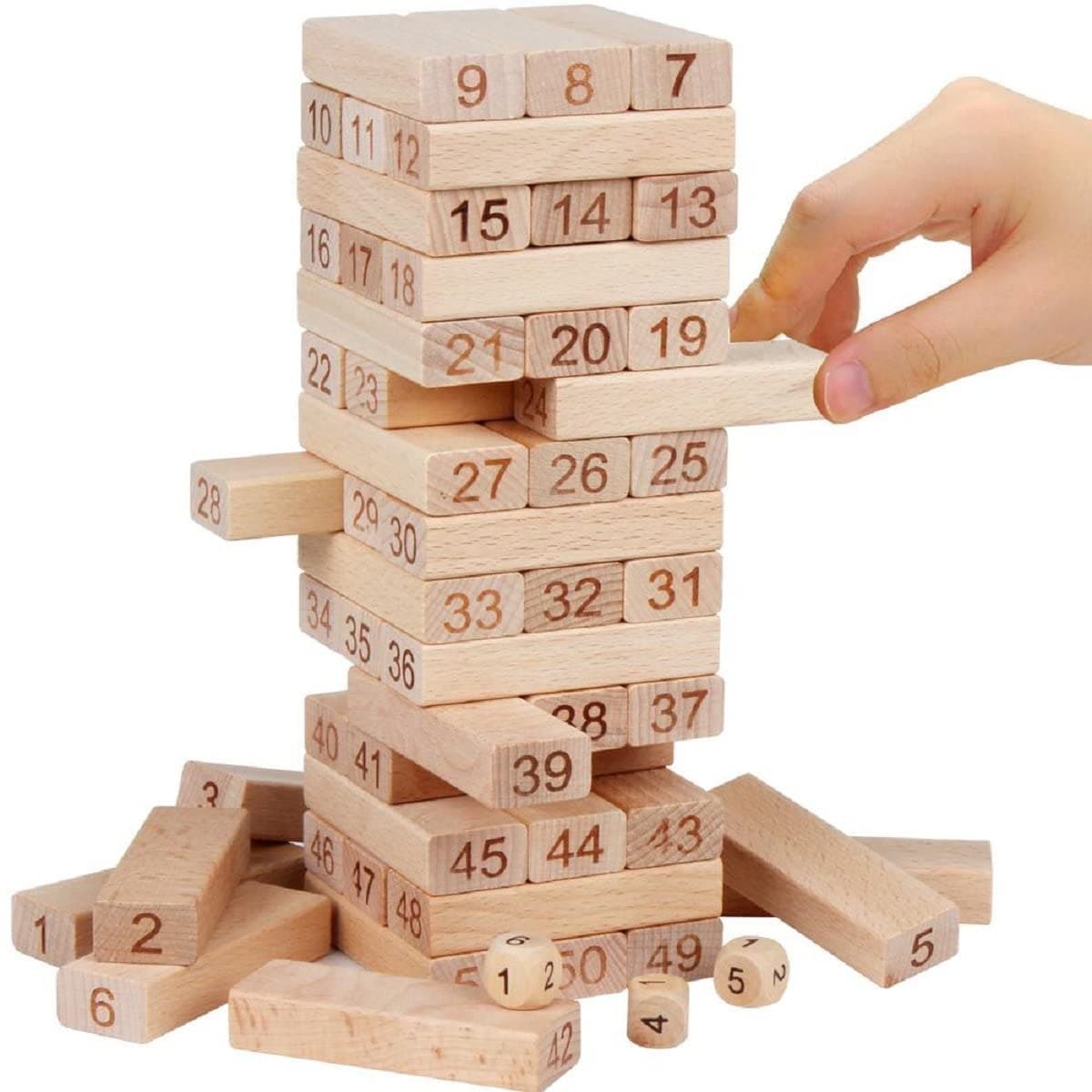 PRIME DEALS Wooden Blocks 51 Pcs 4 Dice Building Blocks Game Challenging Wooden Tumbling Tower, Wooden Stacking Toys with Dices Board Educational Puzzle Game for Adults and Kids (Wooden) — view 4
