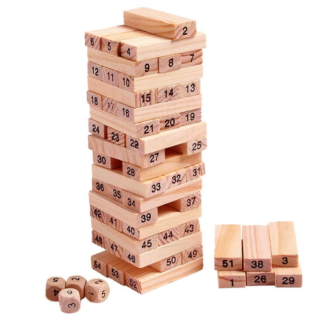 PRIME DEALS Wooden Blocks 51 Pcs 4 Dice Building Blocks Game Challenging Wooden Tumbling Tower, Wooden Stacking Toys with Dices Board Educational Puzzle Game for Adults and Kids (Wooden) — view 7