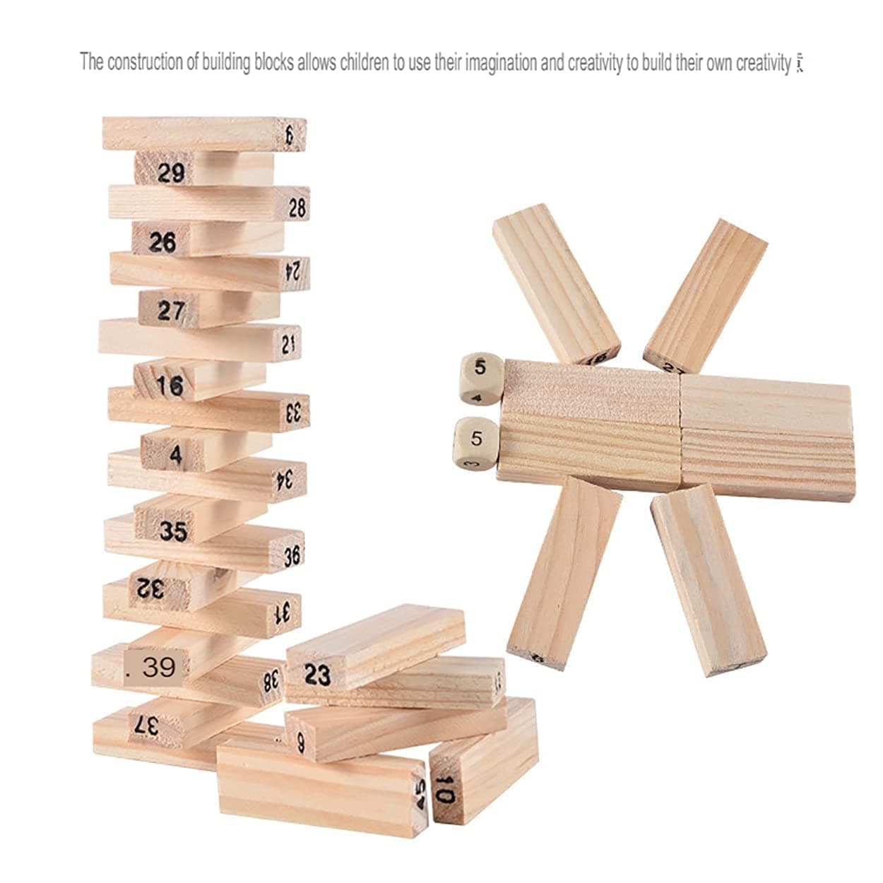PRIME DEALS Wooden Blocks 51 Pcs 4 Dice Building Blocks Game Challenging Wooden Tumbling Tower, Wooden Stacking Toys with Dices Board Educational Puzzle Game for Adults and Kids (Wooden) — view 9