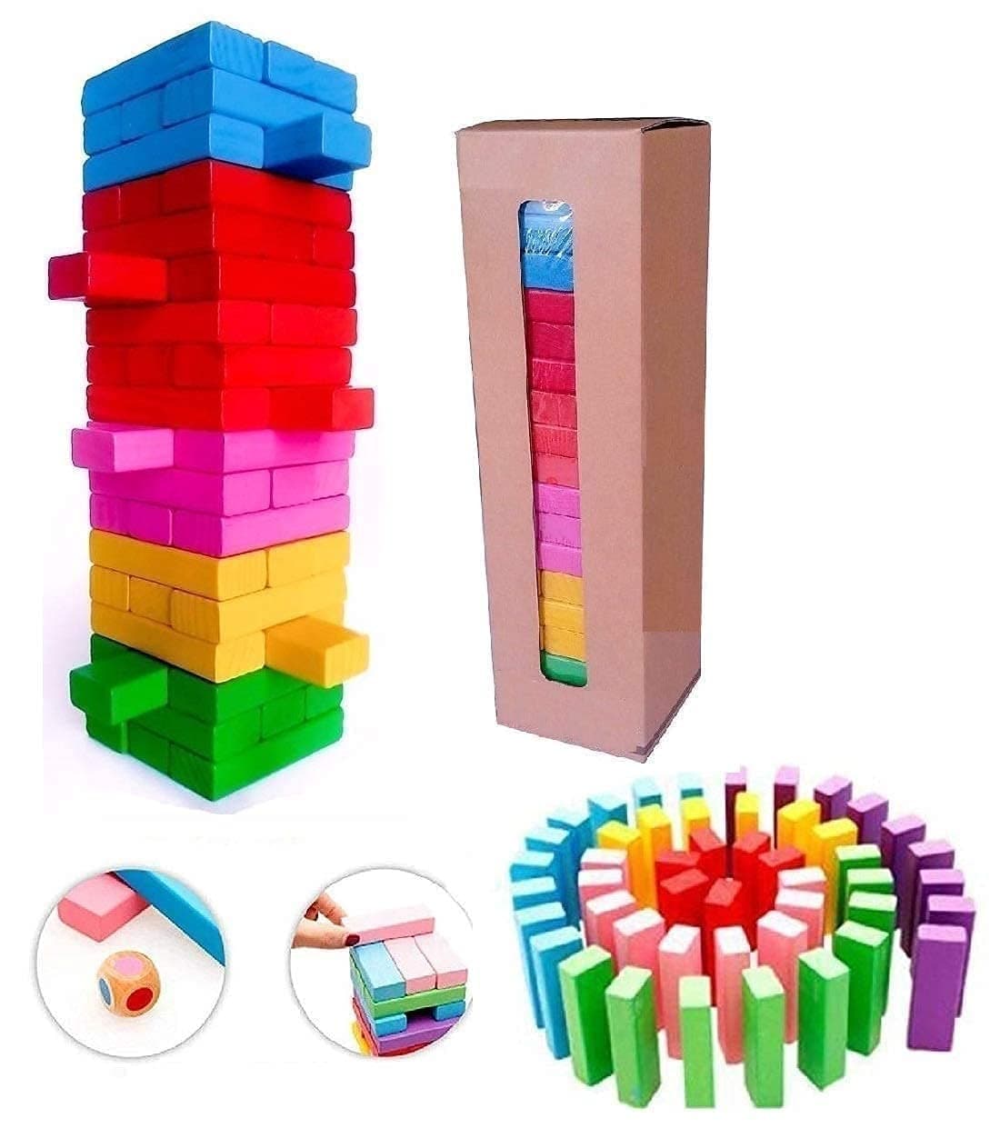 PRIME DEALS Wooden Blocks 51 Pcs 4 Dice Building Blocks Game Challenging Wooden Tumbling Tower, Wooden Stacking Toys with Dices Board Educational Puzzle Game for Adults and Kids (Wooden) — view 13