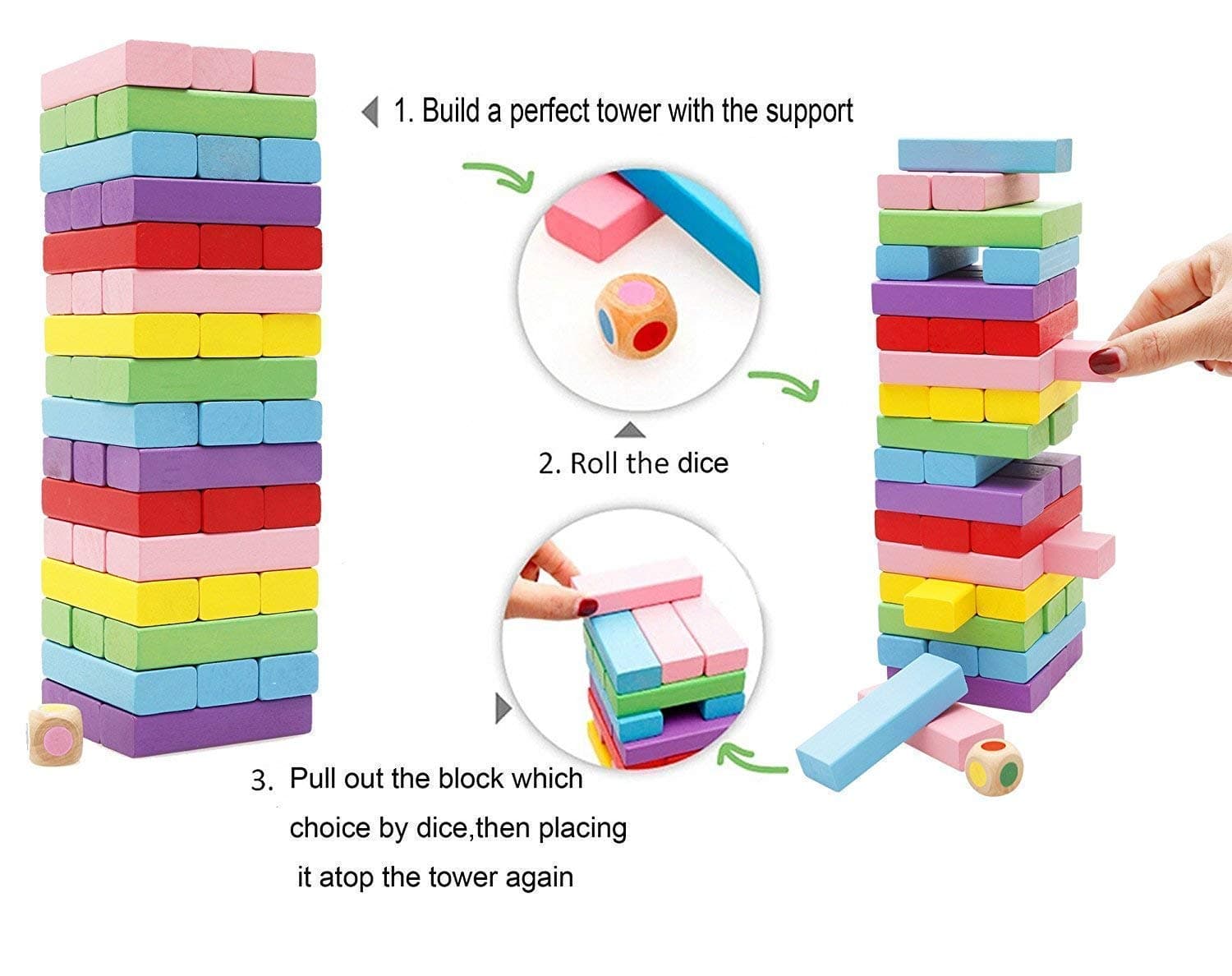 PRIME DEALS Wooden Blocks 51 Pcs 4 Dice Building Blocks Game Challenging Wooden Tumbling Tower, Wooden Stacking Toys with Dices Board Educational Puzzle Game for Adults and Kids (Wooden) — view 14