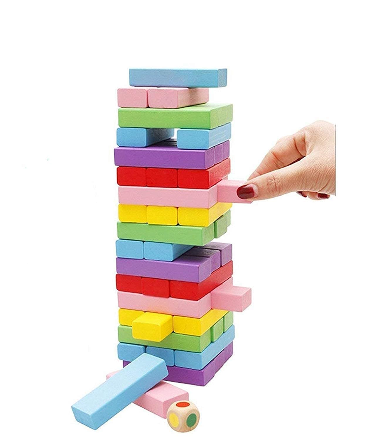 PRIME DEALS Wooden Blocks 51 Pcs 4 Dice Building Blocks Game Challenging Wooden Tumbling Tower, Wooden Stacking Toys with Dices Board Educational Puzzle Game for Adults and Kids (Wooden) — view 17