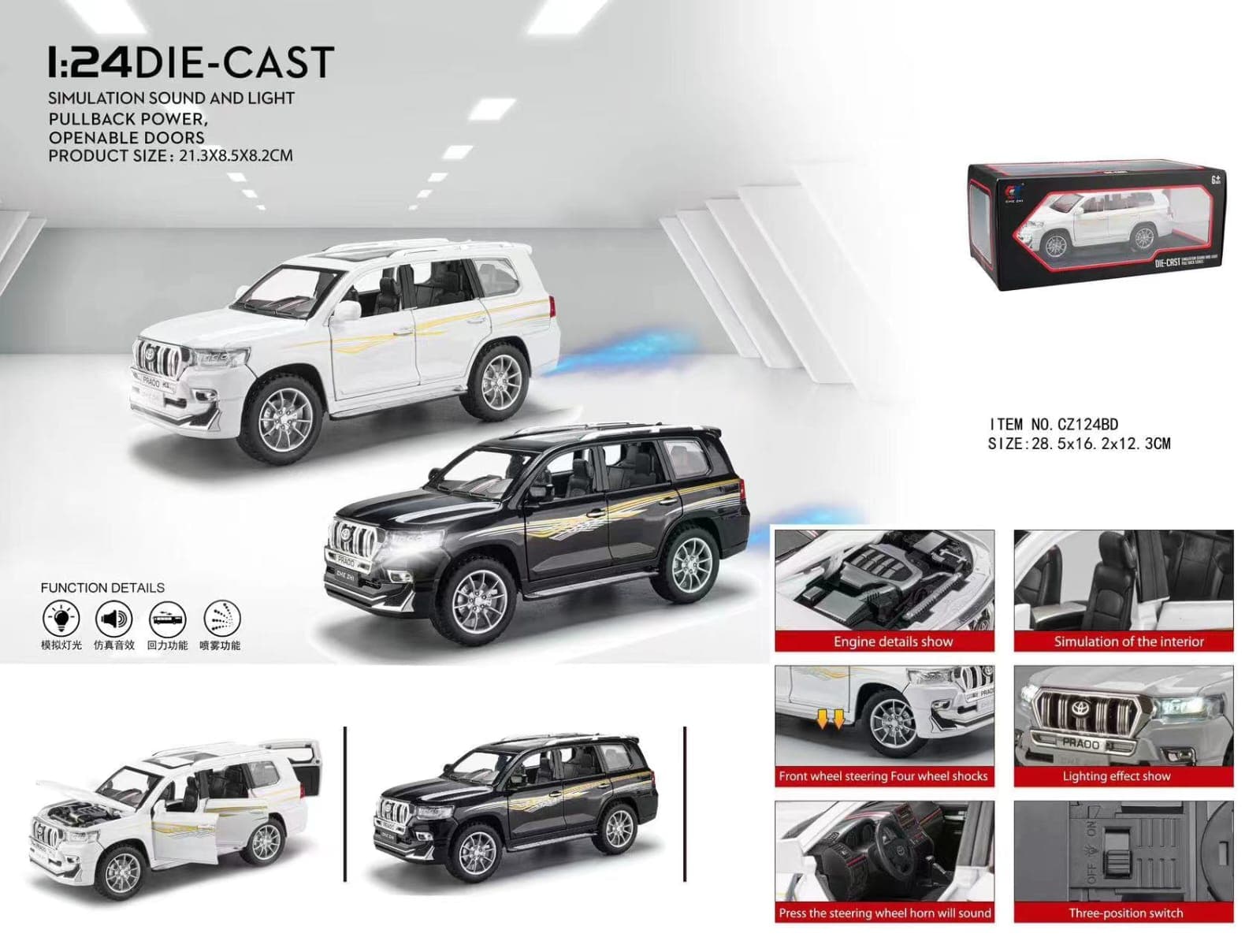 Diecast Metal Car 1:24 Toy Cars for Kids Zinc Alloy Pull Back Metal Cars with 4 Openable Doors Light and Musical Sound — view 5