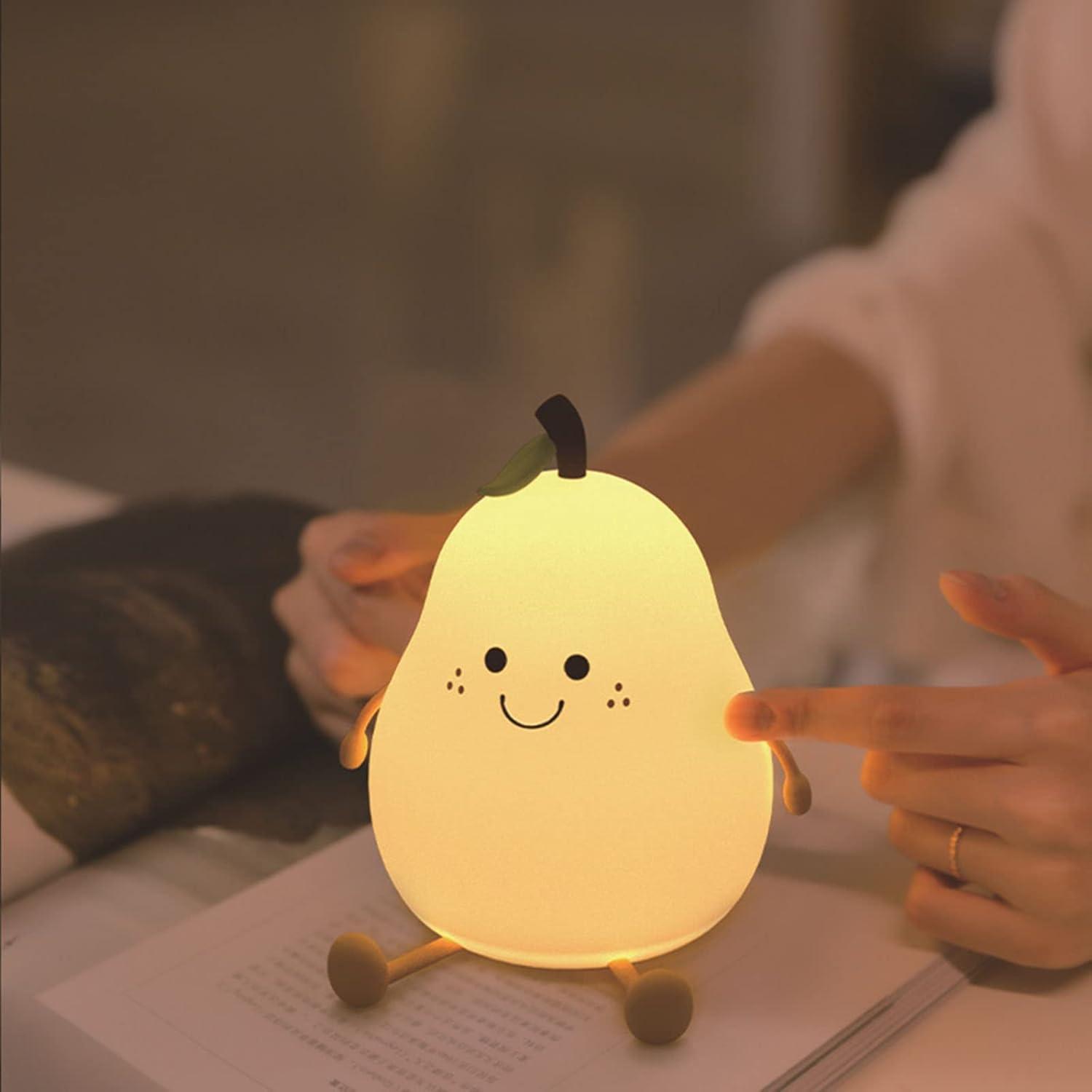 7 Colors Cute LED Pear-Shaped Fruit Night Light, Silicone Decompression Clap Light with Rechargeable Lithium Battery, Colorful Light Color for Children's Rooms Babies Bedside Lamp (Pear)