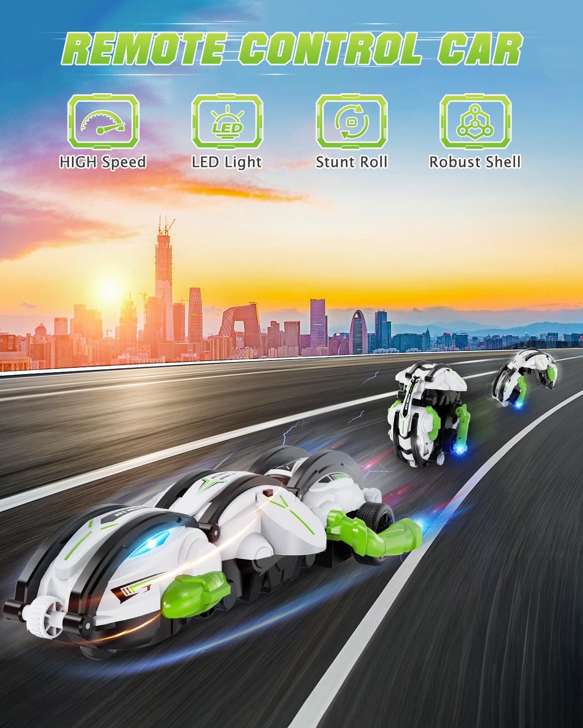 RC Cars 360° Roll Stunt Snake Car with LED Lights for Boys Age 8-12 Included 2 Batteries 60mins — view 2