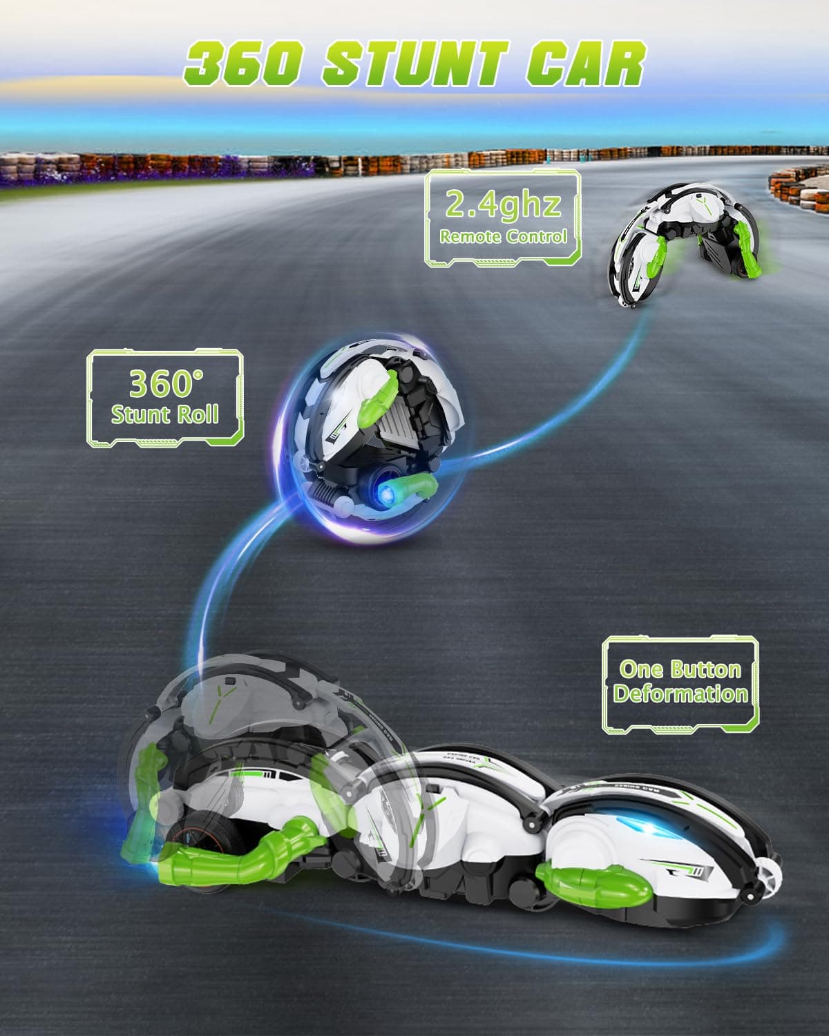 RC Cars 360° Roll Stunt Snake Car with LED Lights for Boys Age 8-12 Included 2 Batteries 60mins — view 7