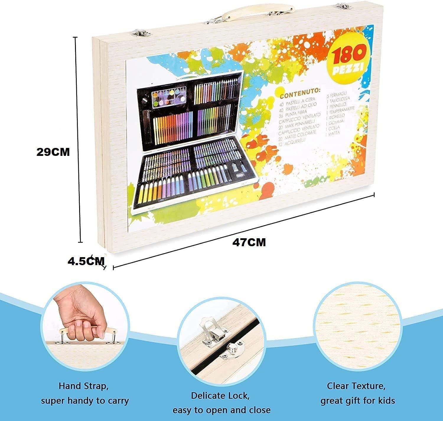 Colour Set For Kids 180 PCS Art Color Set Wooden Case Portable Painting Color Set Pencil Color Oil Pastels Crayons Sharpener Watercolor For Kids