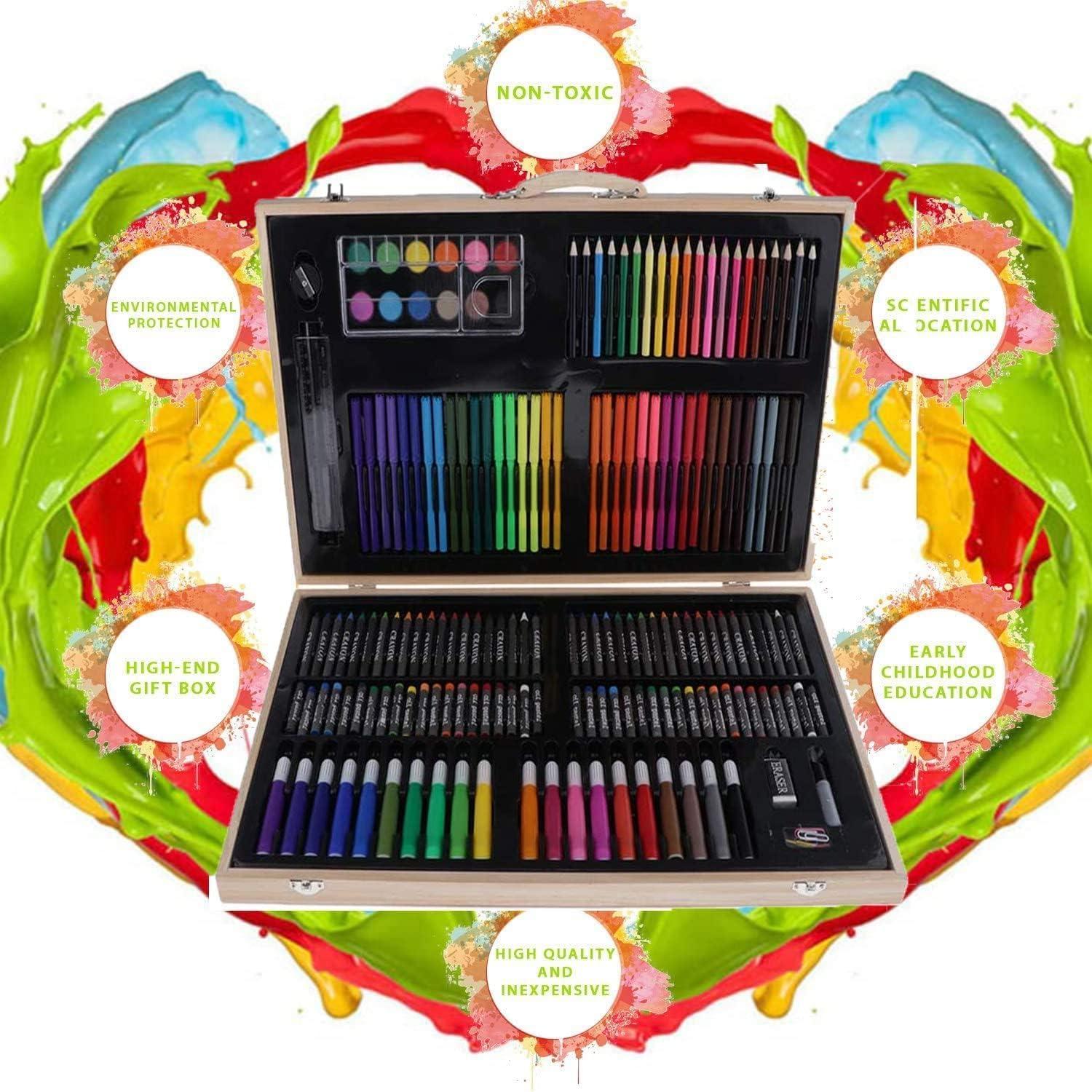 Colour Set For Kids 180 PCS Art Color Set Wooden Case Portable Painting Color Set Pencil Color Oil Pastels Crayons Sharpener Watercolor For Kids