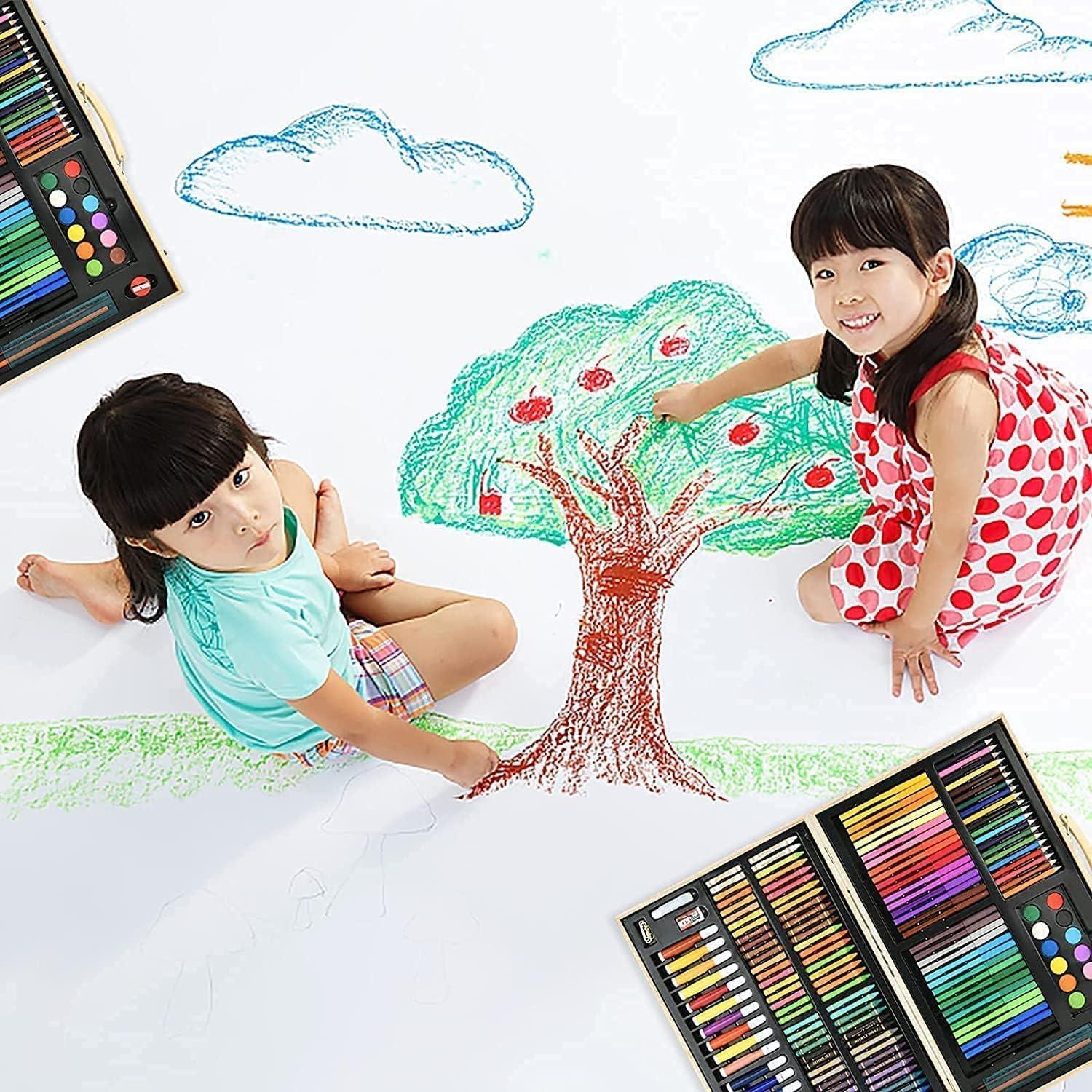 Colour Set For Kids 180 PCS Art Color Set Wooden Case Portable Painting Color Set Pencil Color Oil Pastels Crayons Sharpener Watercolor For Kids