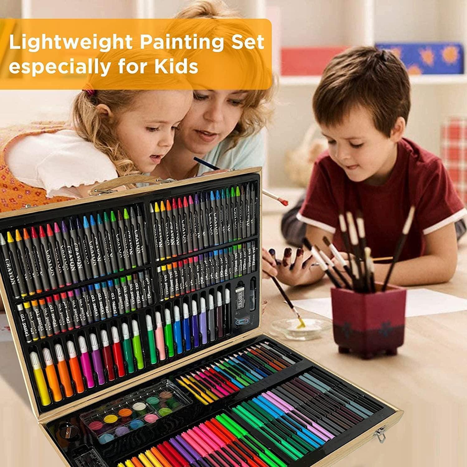 Colour Set For Kids 180 PCS Art Color Set Wooden Case Portable Painting Color Set Pencil Color Oil Pastels Crayons Sharpener Watercolor For Kids