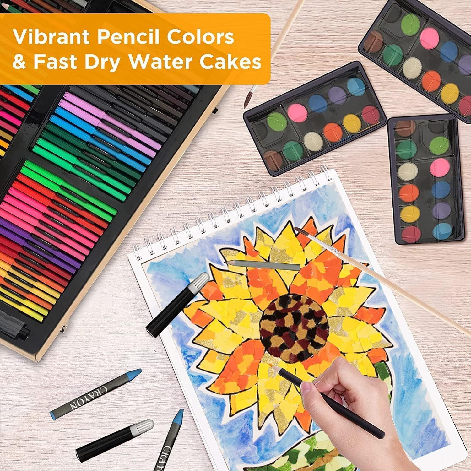 Colour Set For Kids 180 PCS Art Color Set Wooden Case Portable Painting Color Set Pencil Color Oil Pastels Crayons Sharpener Watercolor For Kids