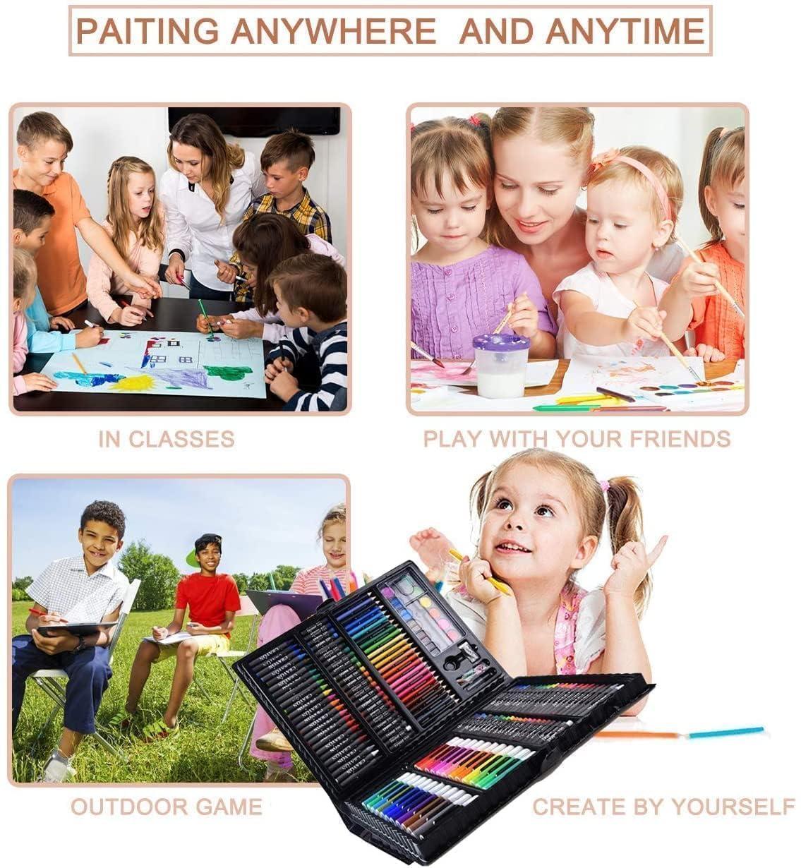 Colour Set For Kids 180 PCS Art Color Set Wooden Case Portable Painting Color Set Pencil Color Oil Pastels Crayons Sharpener Watercolor For Kids