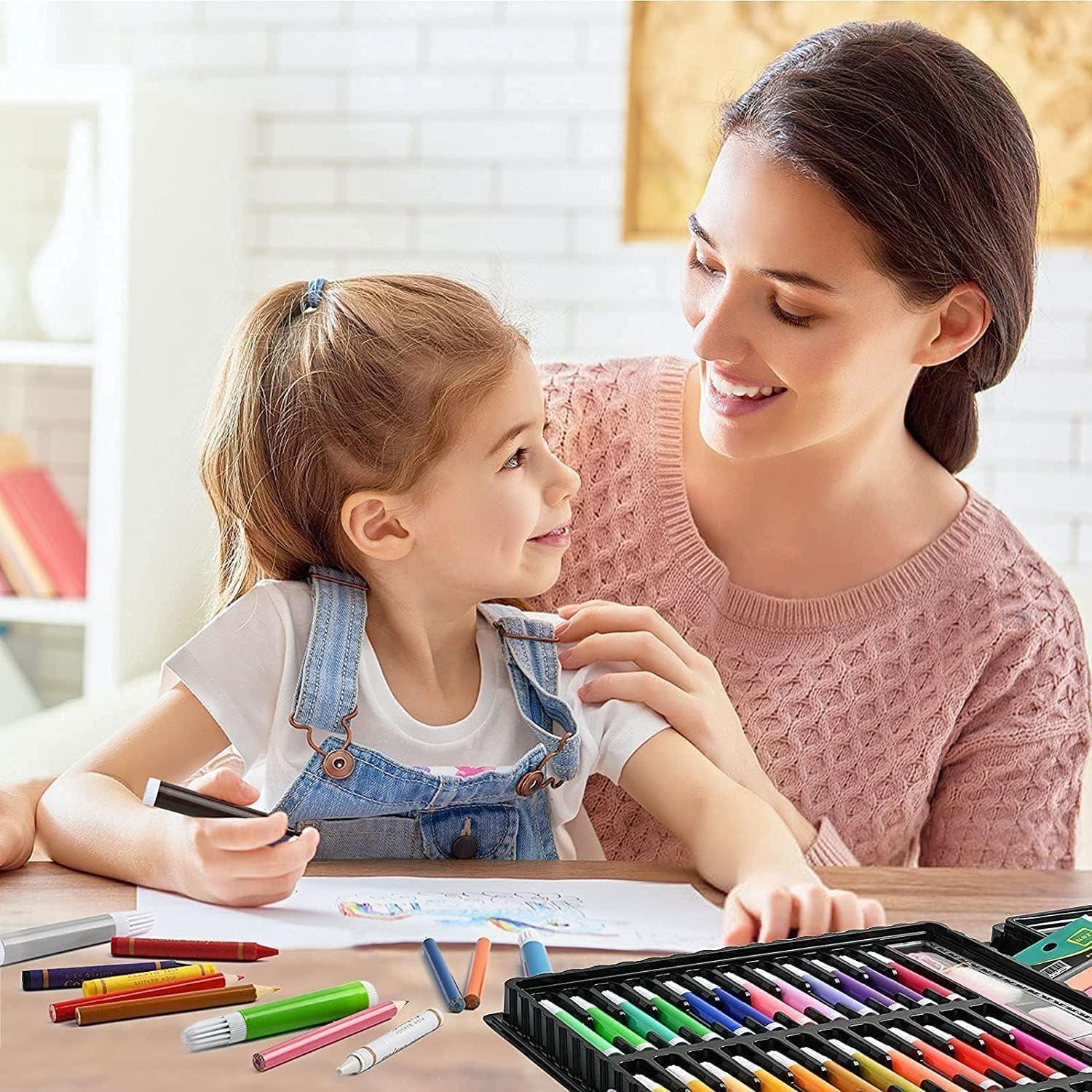 Colour Set For Kids 180 PCS Art Color Set Wooden Case Portable Painting Color Set Pencil Color Oil Pastels Crayons Sharpener Watercolor For Kids