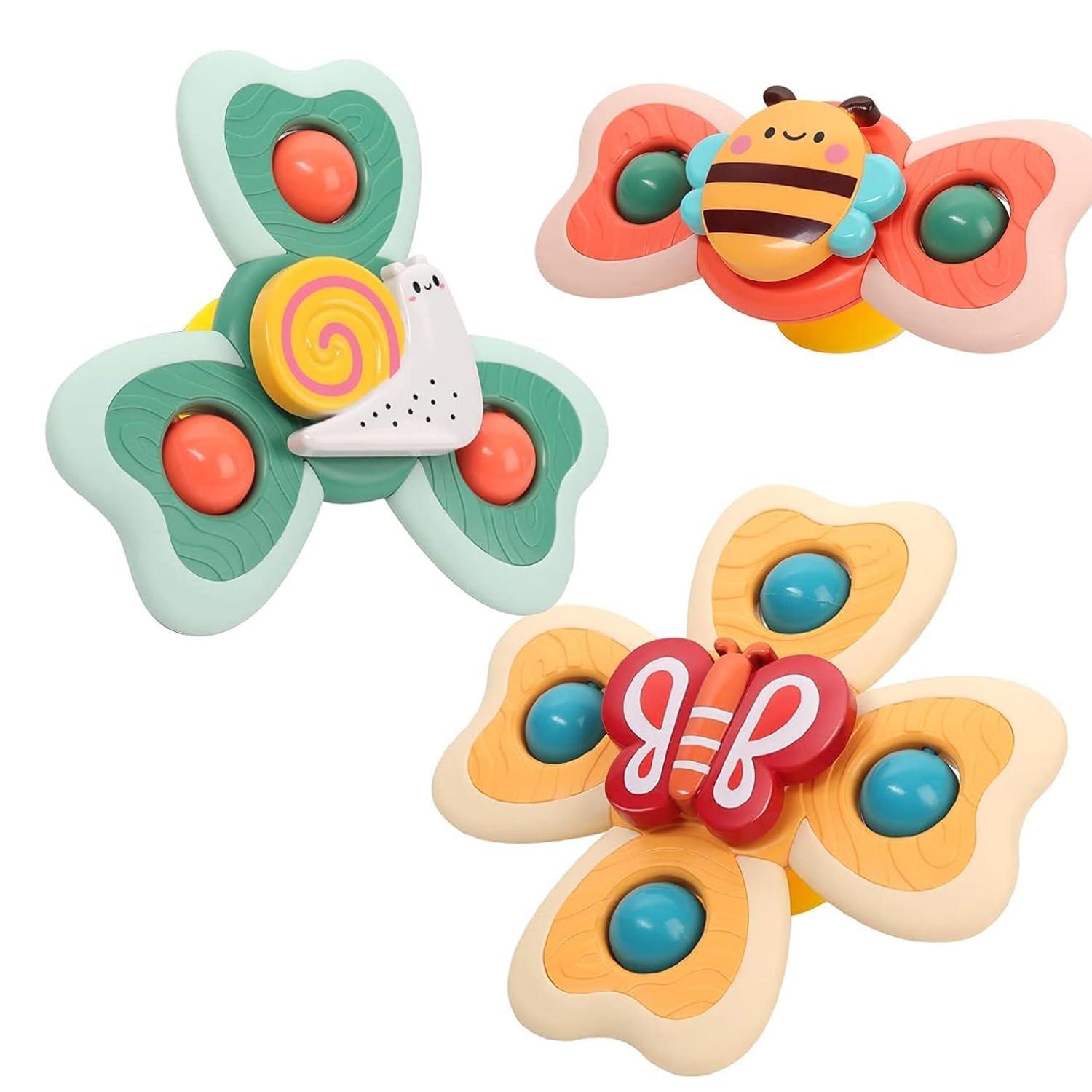 Spinner Toy Set for Baby Bath Fidget Spinning Sensory Toys for Toddlers Adorable Cartoon Snail, Butterfly & Bee Safe, Non-Toxic Bath Toys for Kids (3 Pcs Set, Multicolor)