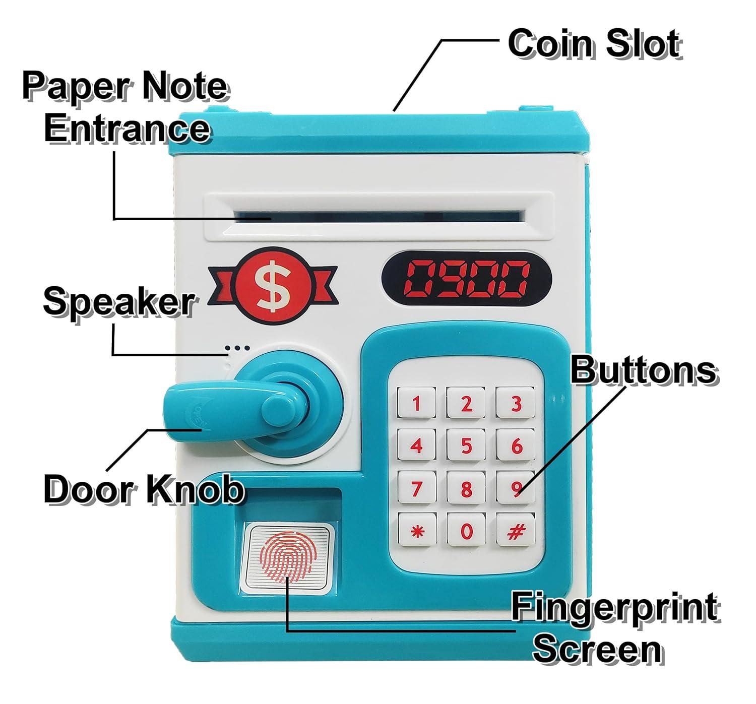 Money Safe Piggy Bank (The Gullak) Toy for Kids and Adults with 3 Step Unlock -Feed Number Password Touch Finger Sensor Then Twist Handle to Open The Door (Multicolor)