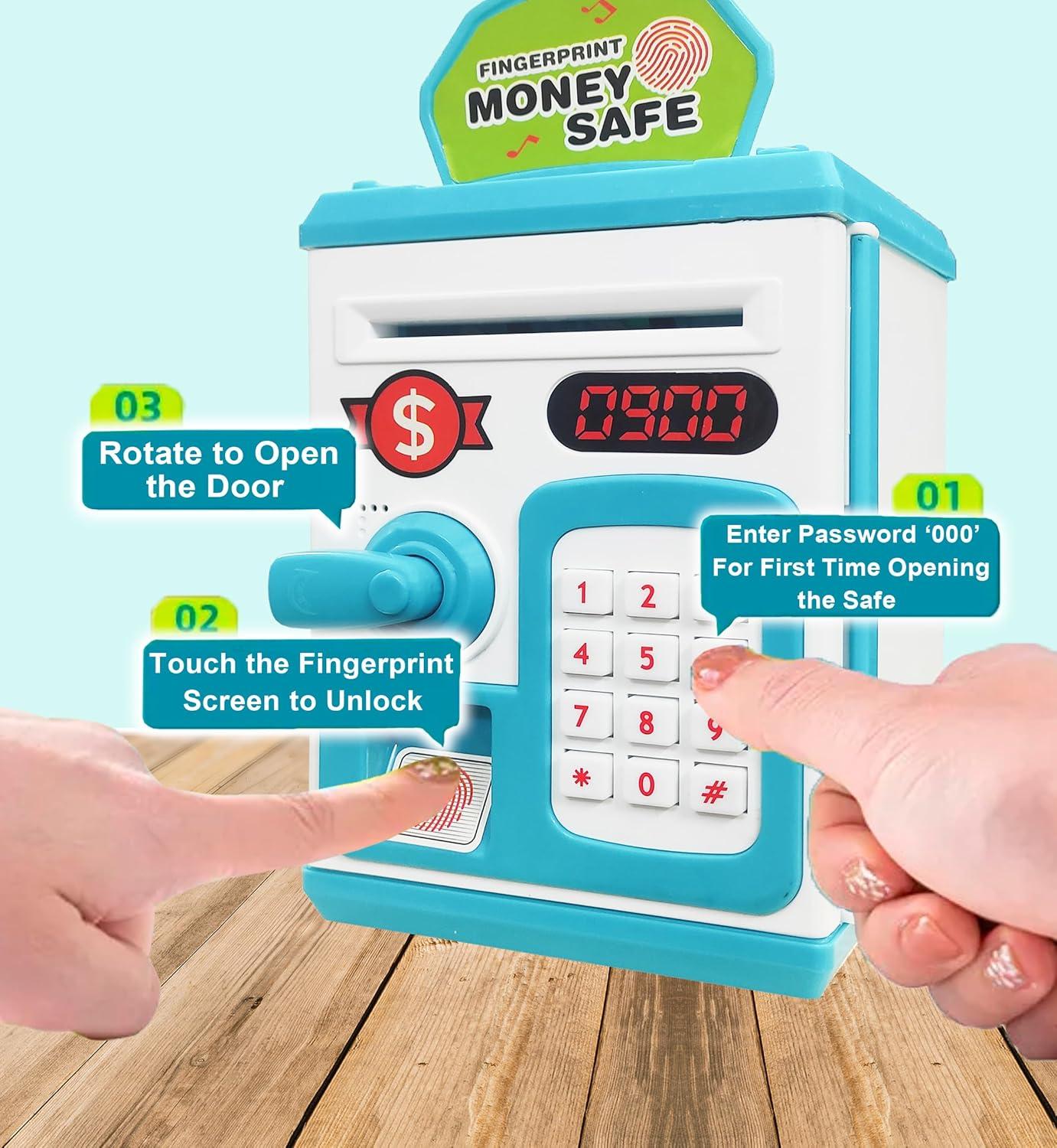 Money Safe Piggy Bank (The Gullak) Toy for Kids and Adults with 3 Step Unlock -Feed Number Password Touch Finger Sensor Then Twist Handle to Open The Door (Multicolor)