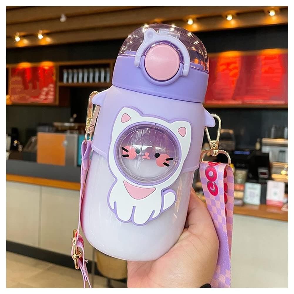 Water Bottle Cute Water Bottles with Straw, Bear Water Bottles with Adjustable Straps and Stickers - (Random Color)
