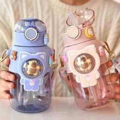 Bear Transparent Sipper Bottles, Water Bottle Portable Leak Proof With Adjustable Strap Perfect Tumbler for Kids Teen Girls School