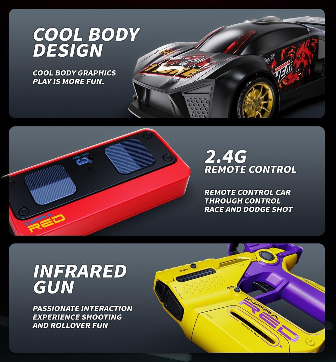 2.4G RC Sports Car with Infrared Battle Gun, 3-in-1 Detachable Remote Control Racing Car, Shooting & Rollover Action Toy Car for Kids Boys Girls