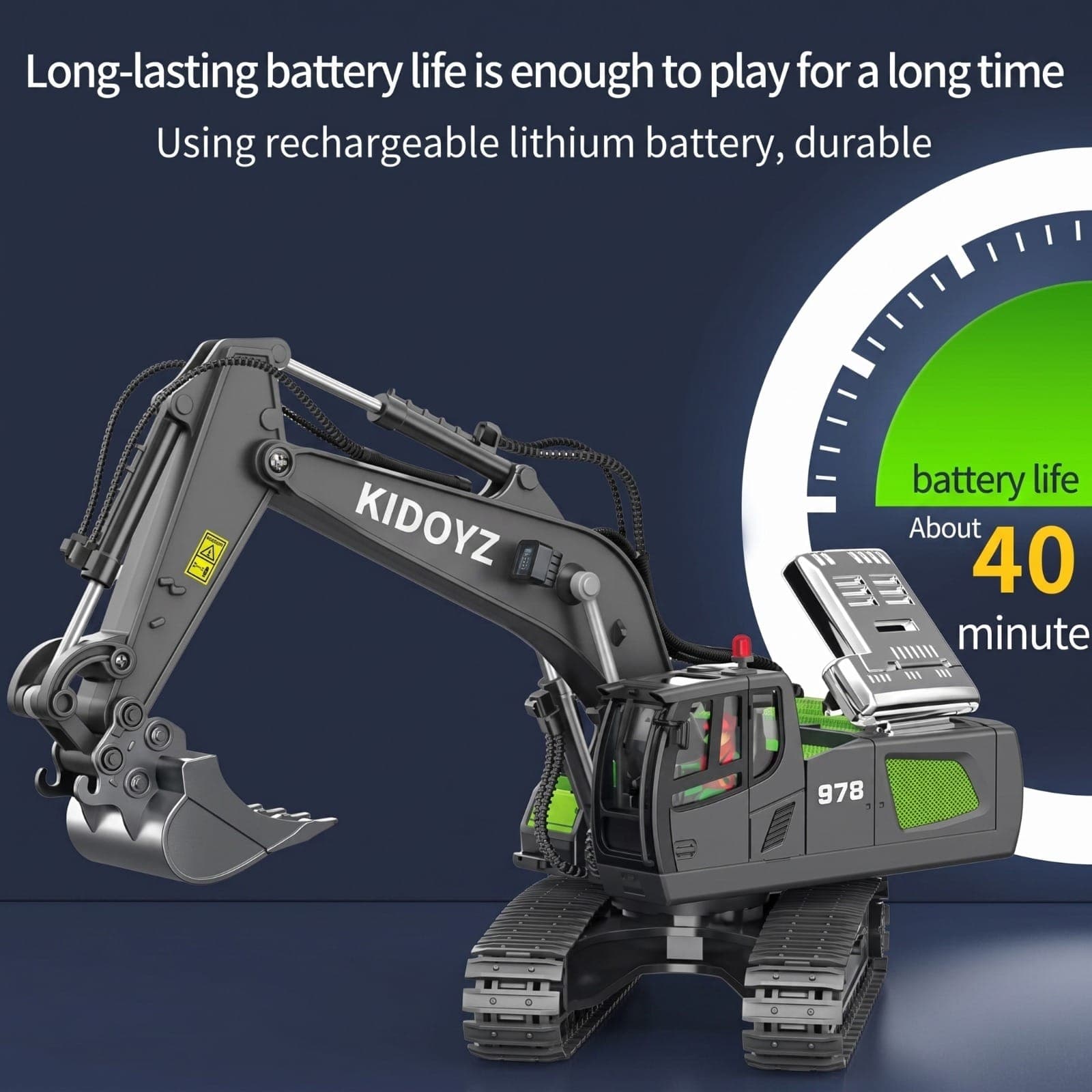 Kidoyz 11-Channel RC Excavator Toy – Green Remote Control Sand Digger with Metal Shovel & 680° Rotation — view 3