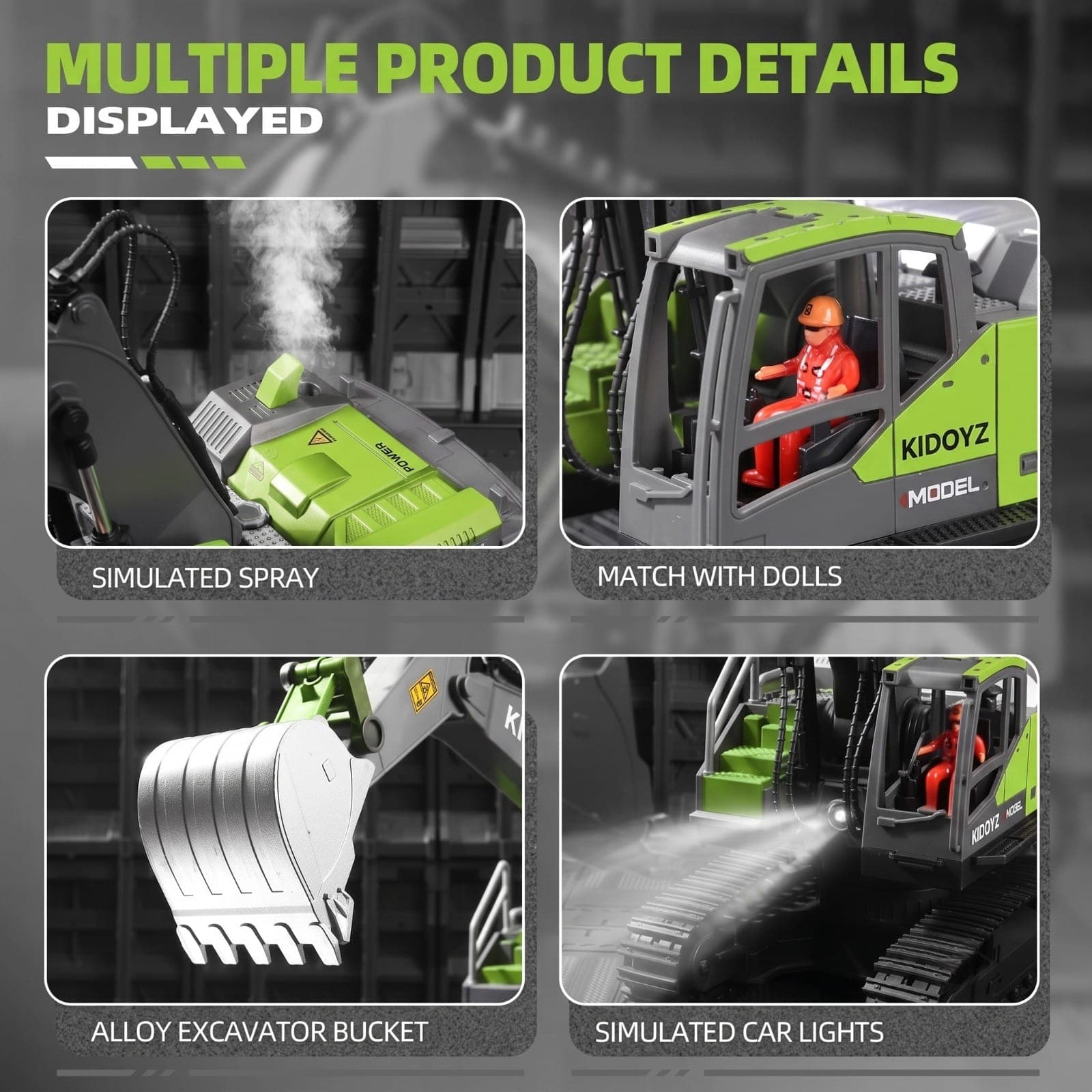 Kidoyz 11-Channel RC Excavator Toy – Green Remote Control Sand Digger with Metal Shovel & 680° Rotation — view 5