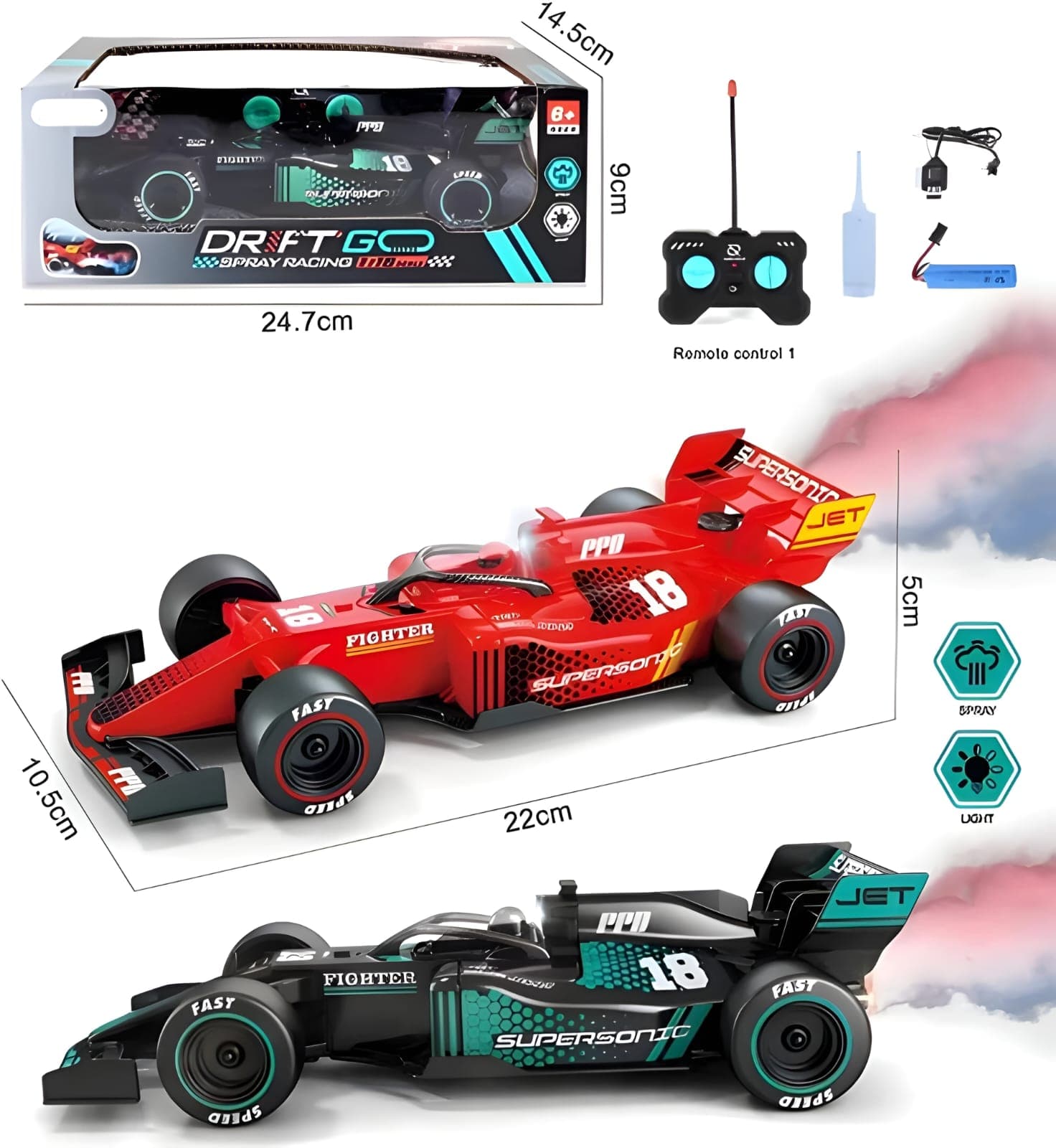 KIDOYZ Remote Control F1 Drift Car with Mist Smoke Spray & LED Lights, 2.4GHz High-Speed RC Racing Toy Car for Kids — view 6