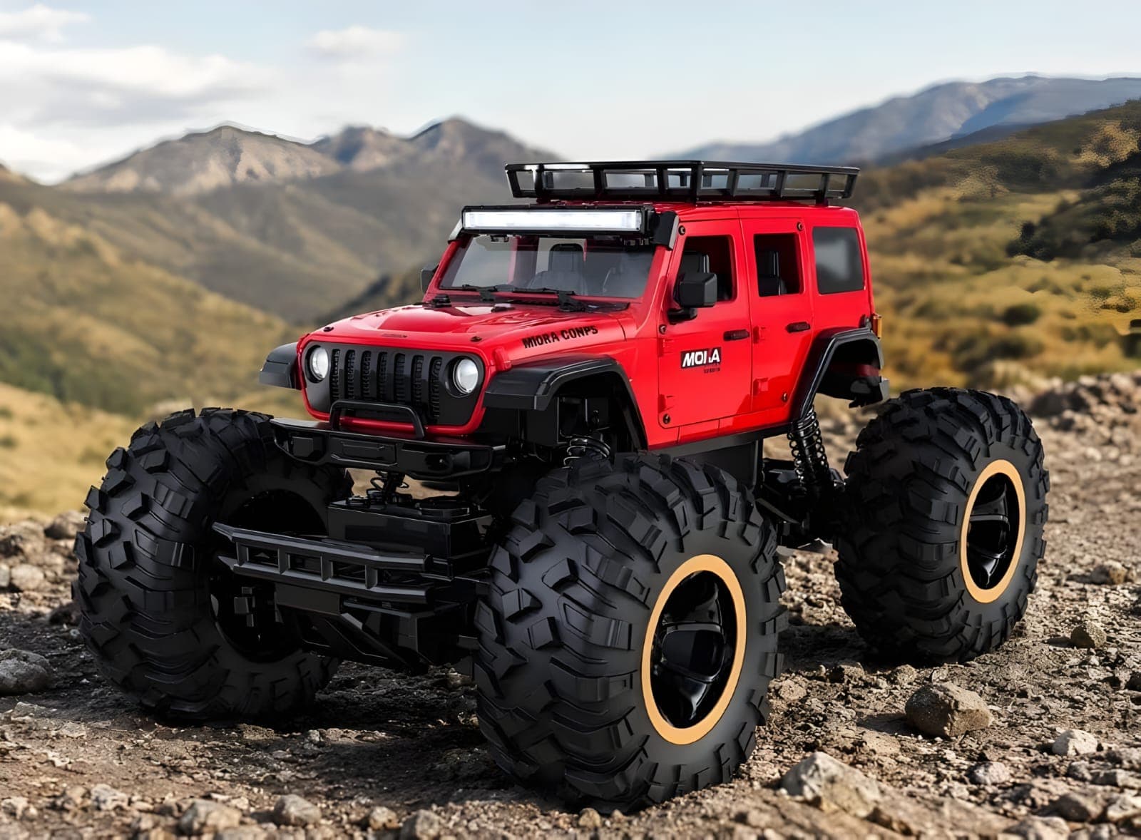 KIDOYZ RC Monster Truck 4WD Off Road Remote Control Car for Kids | All-Terrain Capable (Rock, Sand, Grass, Road) | 4-Wheel Drive Toy Vehicle with Rechargeable Battery, Bold Red Finish