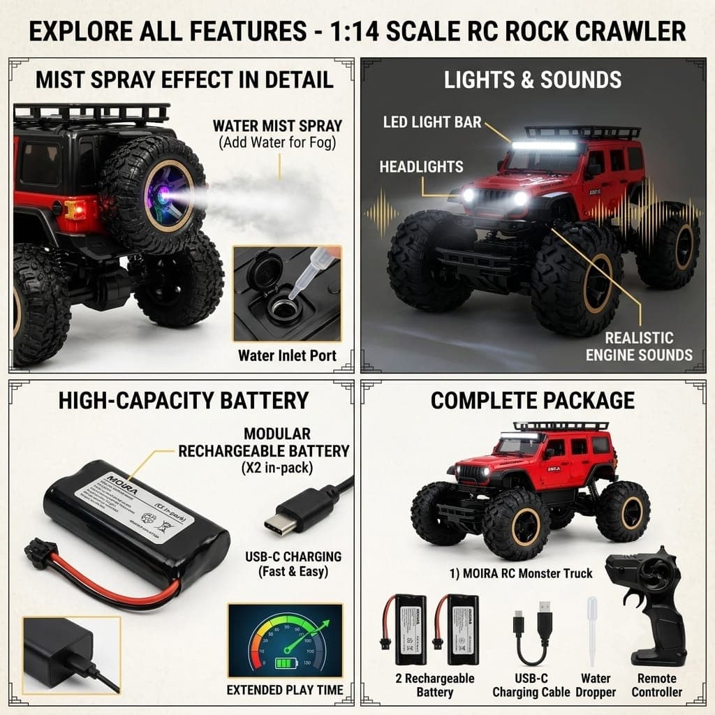 KIDOYZ RC Monster Truck 4WD Off Road Remote Control Car for Kids | All-Terrain Capable (Rock, Sand, Grass, Road) | 4-Wheel Drive Toy Vehicle with Rechargeable Battery, Bold Red Finish — view 3