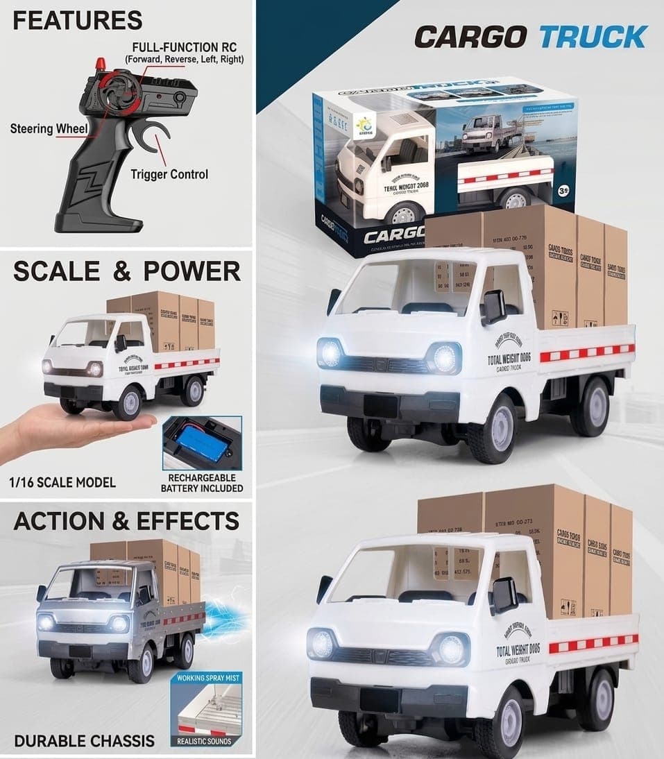 KIDOYZ Mini Hauler 1:16 Scale Remote Control Kei Truck – 2.4GHz All-Terrain RC Transport Pickup Truck with Water Spray & LED Headlights, Rechargeable Off-Road Cargo Toy Car for Kids, Teens & Adults (White) — view 2