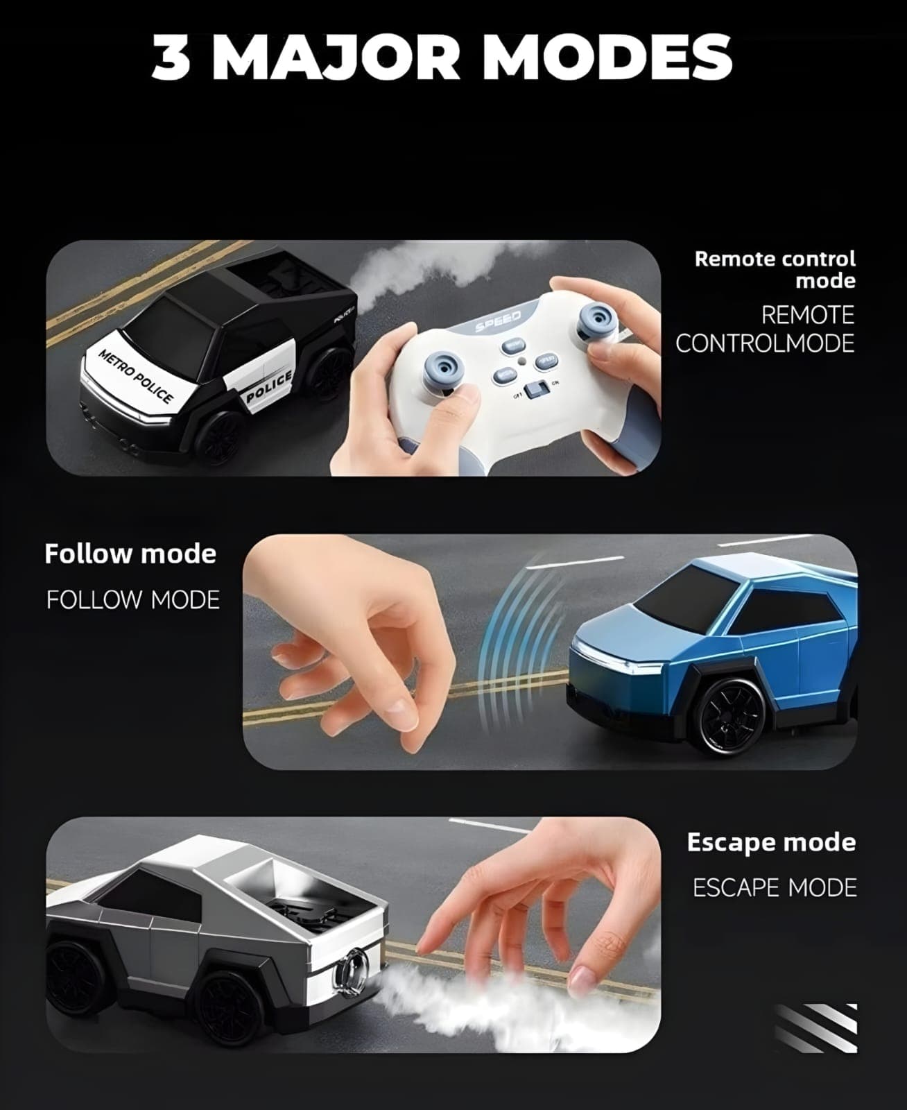 KIDOYZ Cyber Truck Style Smart Police RC Drift Car for Kids | 2.4GHz Remote Control Stunt Vehicle with Gesture Sensor, LED Lights, Smoke Spray Effect, Follow & Escape Modes (Rechargeable) — view 6
