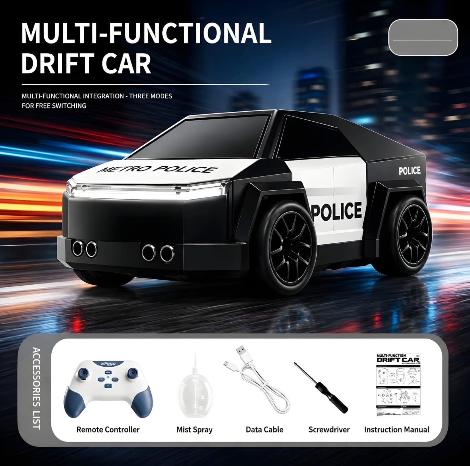 KIDOYZ Cyber Truck Style Smart Police RC Drift Car for Kids | 2.4GHz Remote Control Stunt Vehicle with Gesture Sensor, LED Lights, Smoke Spray Effect, Follow & Escape Modes (Rechargeable) — view 7