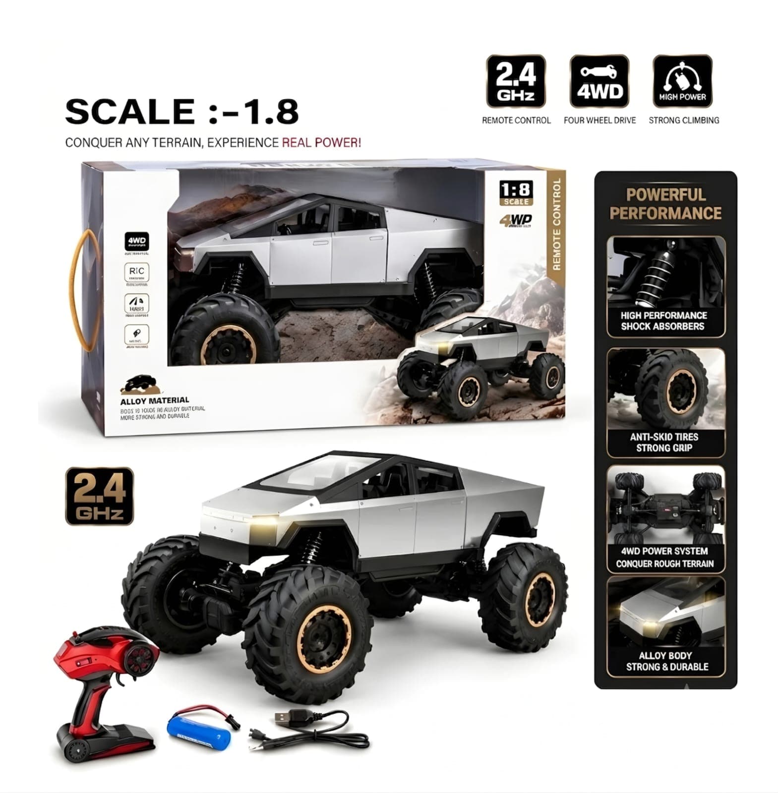 KIDOYZ Cyber Beast 1:8 Scale 4WD RC Rock Crawler – Alloy Body Off-Road Remote Control Monster Truck with Bright Headlights & All-Terrain Suspension — view 2