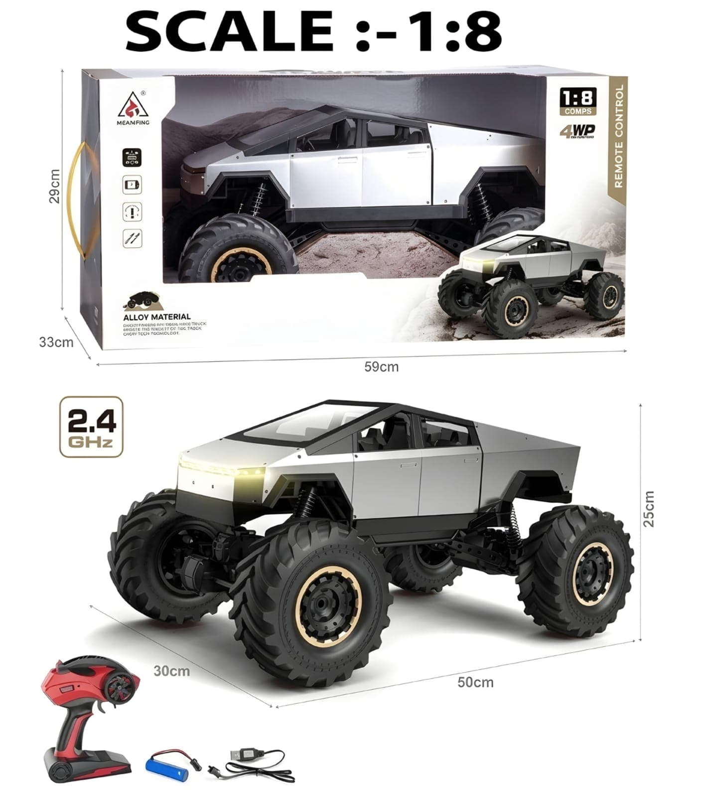 KIDOYZ Cyber Beast 1:8 Scale 4WD RC Rock Crawler – Alloy Body Off-Road Remote Control Monster Truck with Bright Headlights & All-Terrain Suspension — view 3