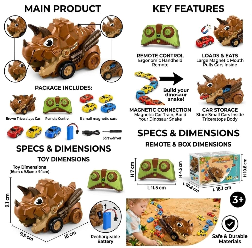 KIDOYZ RoarRover DinoXpress: 2.4GHz Remote Control T-Rex Car Carrier & Transporter with Magnetic Launcher + 6 Mini Racers (Age 3+) — view 2
