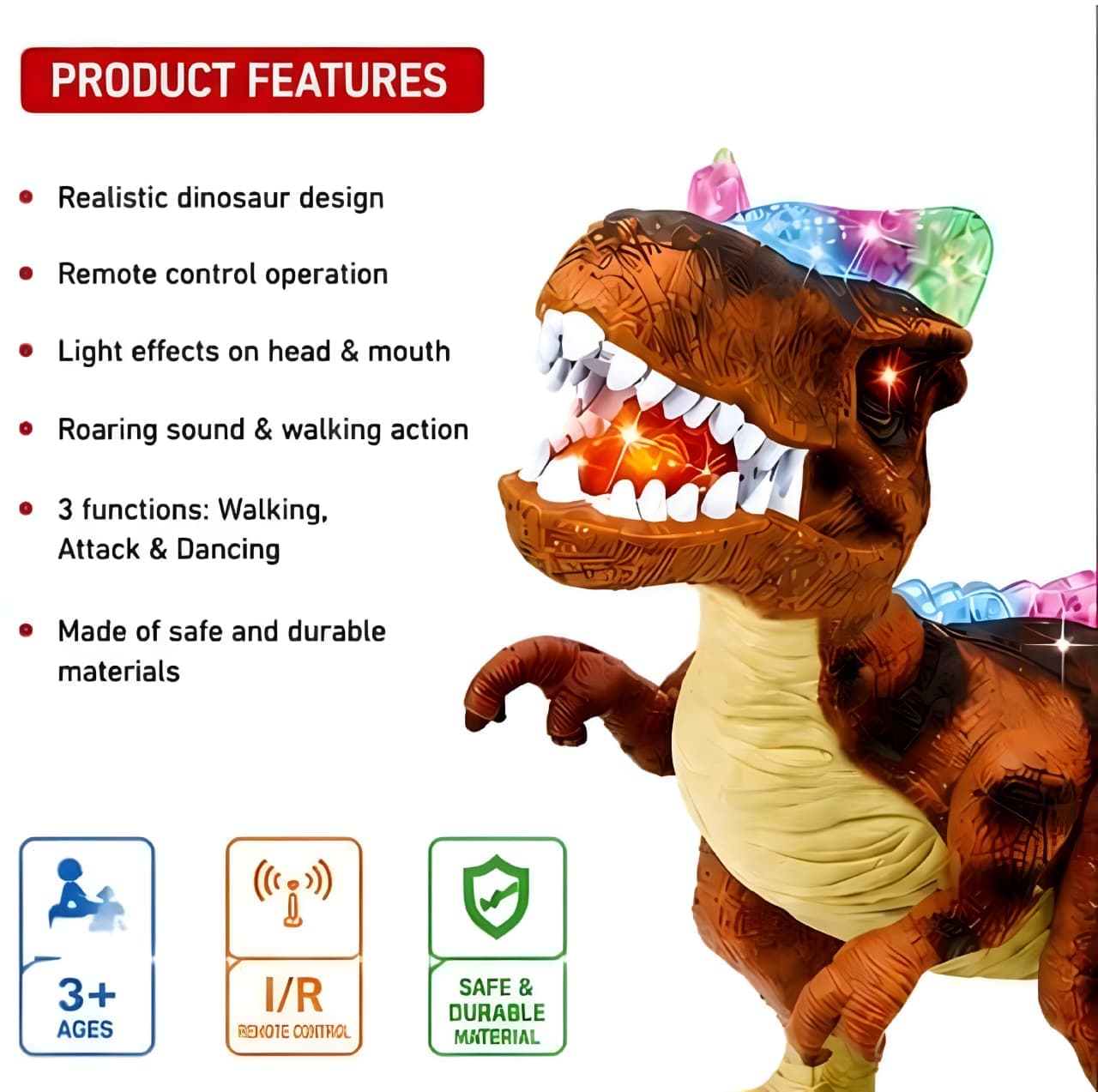 KIDOYZ Remote Control Dinosaur Toy for Kids – Interactive Walking T-Rex Robot with Realistic Roaring Sound, LED Lights, Water Spray Mist & Rechargeable Battery | RC Dino Gift for Boys & Girls Age 3+ — view 2