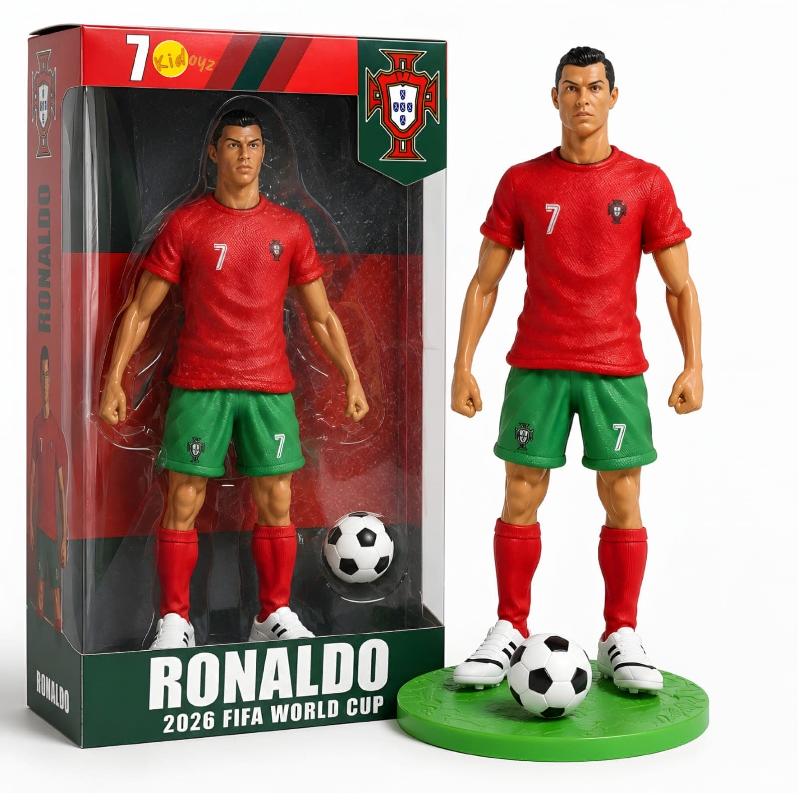 KIDOYZ 22cm Football Star Action Figure Set with Ball & Display Base | Premium PVC Soccer Collectible Figurine Toy for Kids, Room & Desk Decor | Ideal Gift for Fans (Ronaldo Edition)