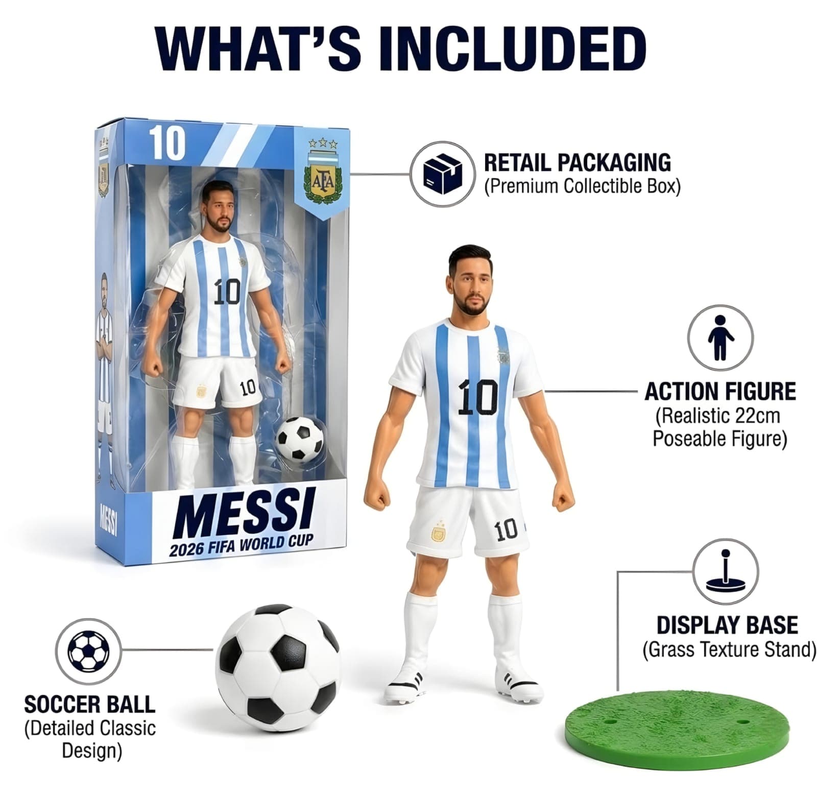 KIDOYZ Lionel Messi Action Figure Set – 22cm PVC Football Star Player Figurine with Ball & Display Base | Sports Collectible Model Toy & Room Decor — view 2