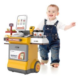 48PCS Cash Register Playset for Kids – Pretend Supermarket Toy with Scanner, Lights & Sounds, Grocery Shopping Game, Play Money & Food Accessories (Yellow)