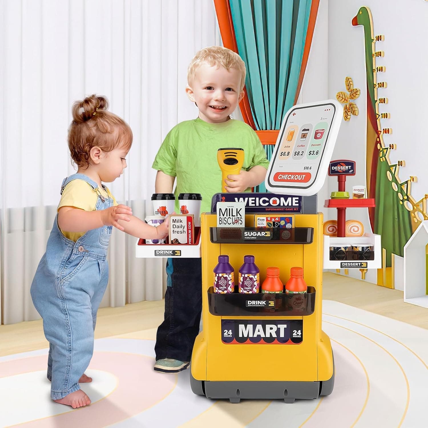 48PCS Cash Register Playset for Kids – Pretend Supermarket Toy with Scanner, Lights & Sounds, Grocery Shopping Game, Play Money & Food Accessories (Yellow) — view 2