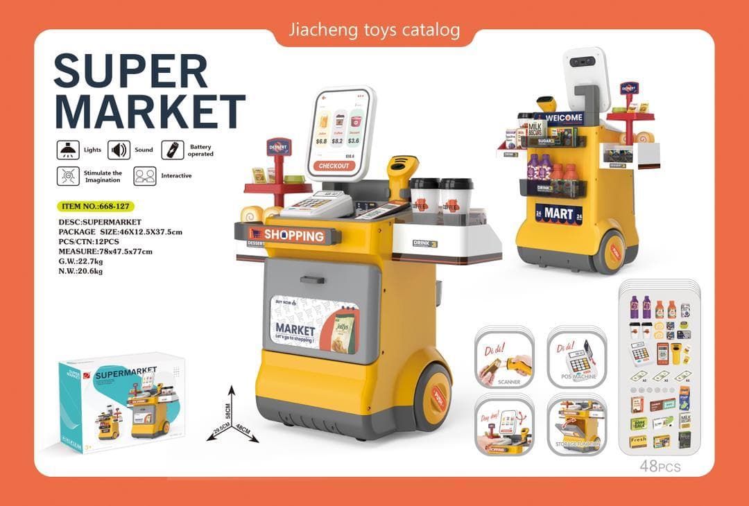 48PCS Cash Register Playset for Kids – Pretend Supermarket Toy with Scanner, Lights & Sounds, Grocery Shopping Game, Play Money & Food Accessories (Yellow) — view 4