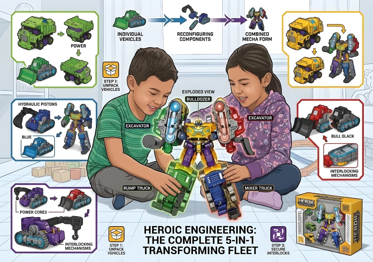 KIDOYZ 5-in-1 Construction Vehicle Robot Toy Set – Transforming STEM Engineering Truck & Vehicle Action Figure Playset with Accessories for Boys & Girls (Ages 3+) — view 4