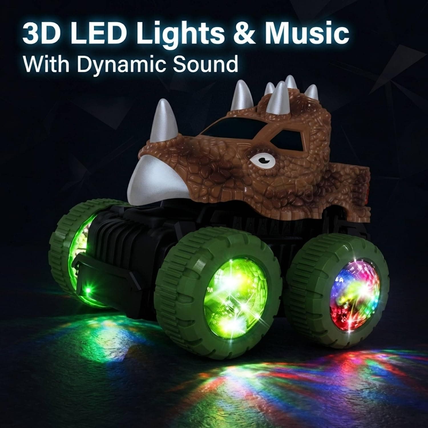 Dinosaur Off-Road Vehicle Toy Car with 3D LED Lights & Music, 360° Rotating Action Car, Battery Operated Dinosaur Truck for Kids Boys & Girls, Ages 3+ — view 2