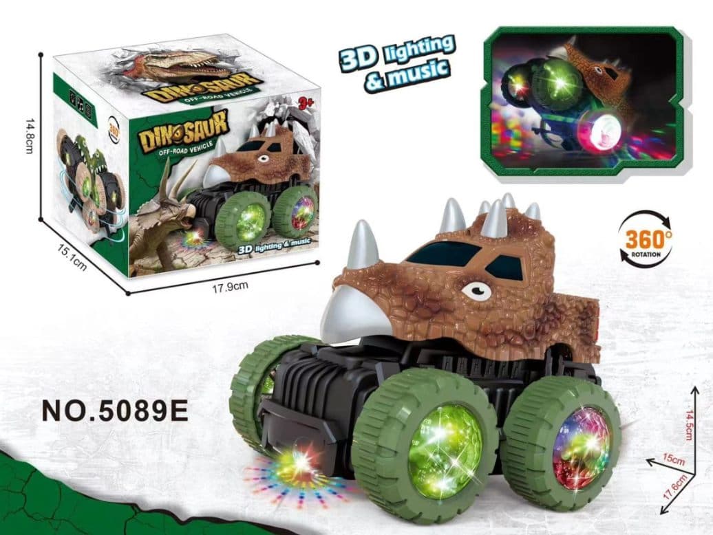 Dinosaur Off-Road Vehicle Toy Car with 3D LED Lights & Music, 360° Rotating Action Car, Battery Operated Dinosaur Truck for Kids Boys & Girls, Ages 3+ — view 3